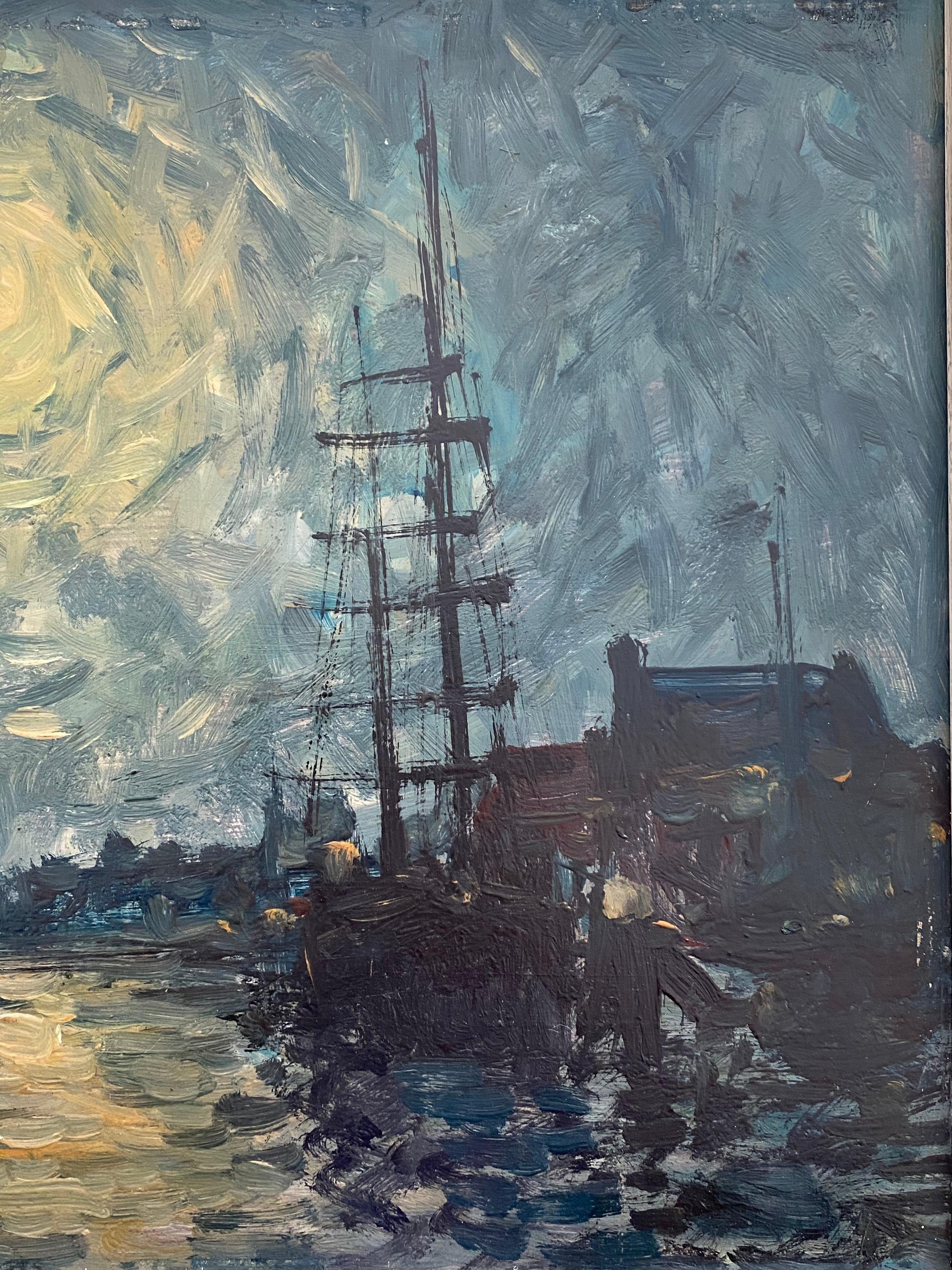 French Impressionist painting - Starry Night - Harbour Port Van Gogh - Brown Abstract Painting by Unknown