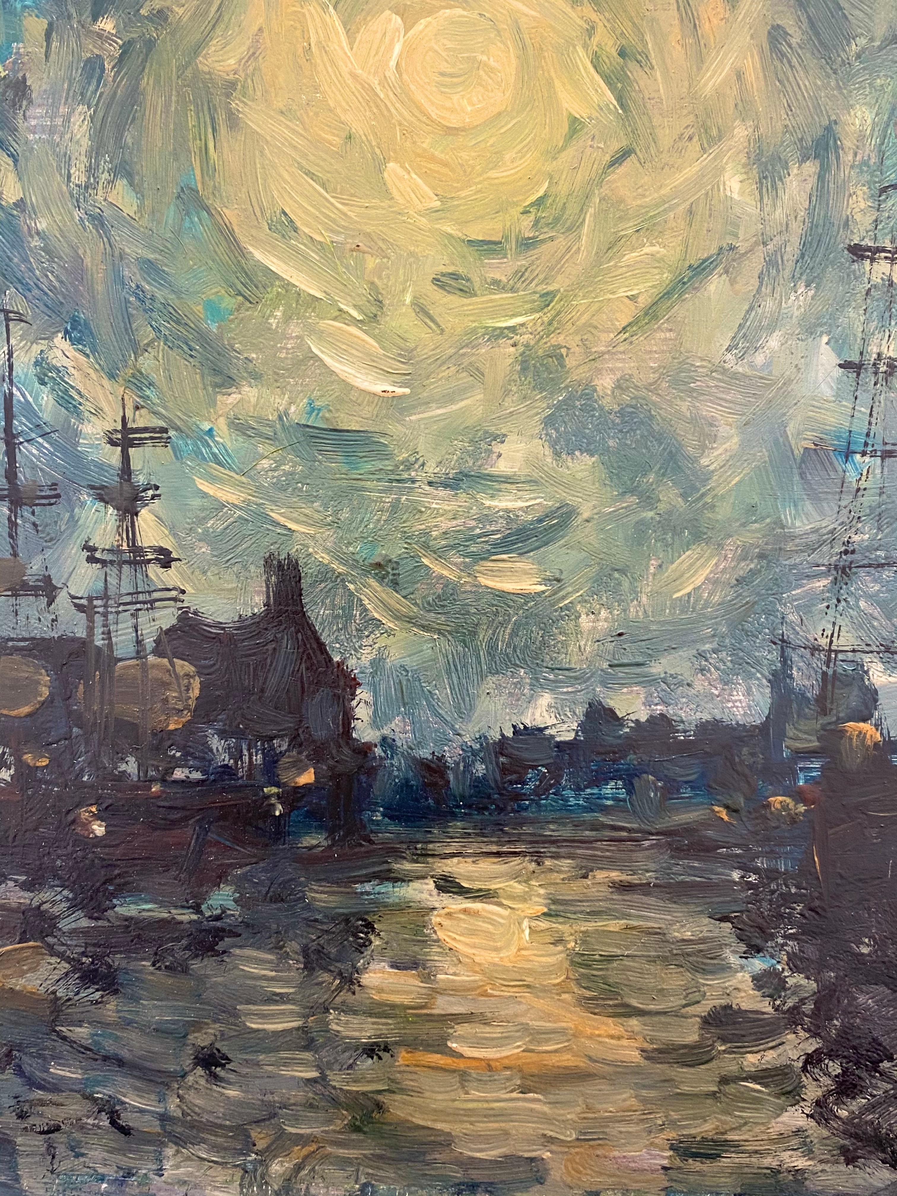Magnificent French impressionist painting depicting a harbour illuminated by moon light. 

This painting is very reminiscent of the famous 