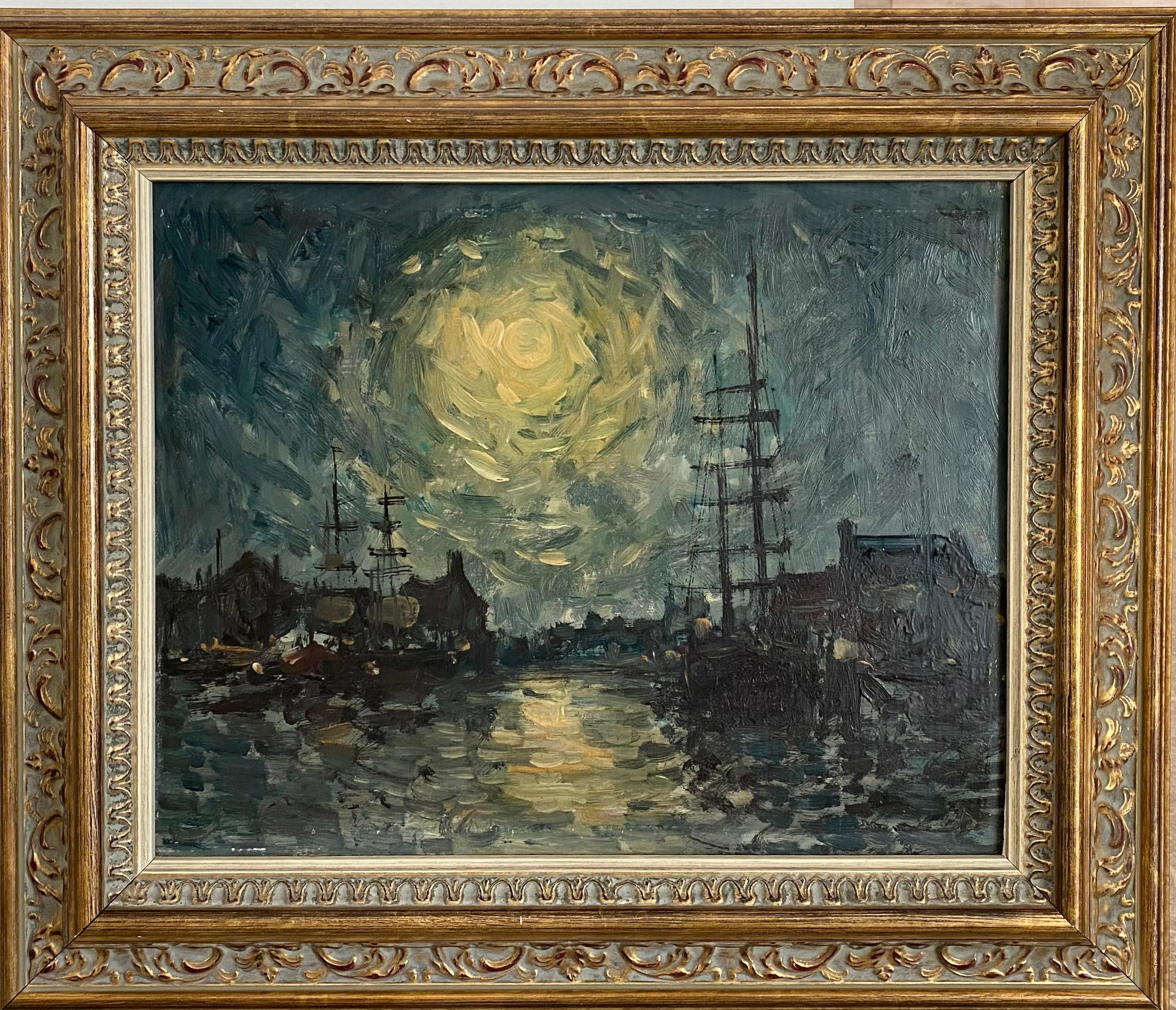 Unknown Abstract Painting - French Impressionist painting - Starry Night - Harbour Port Van Gogh