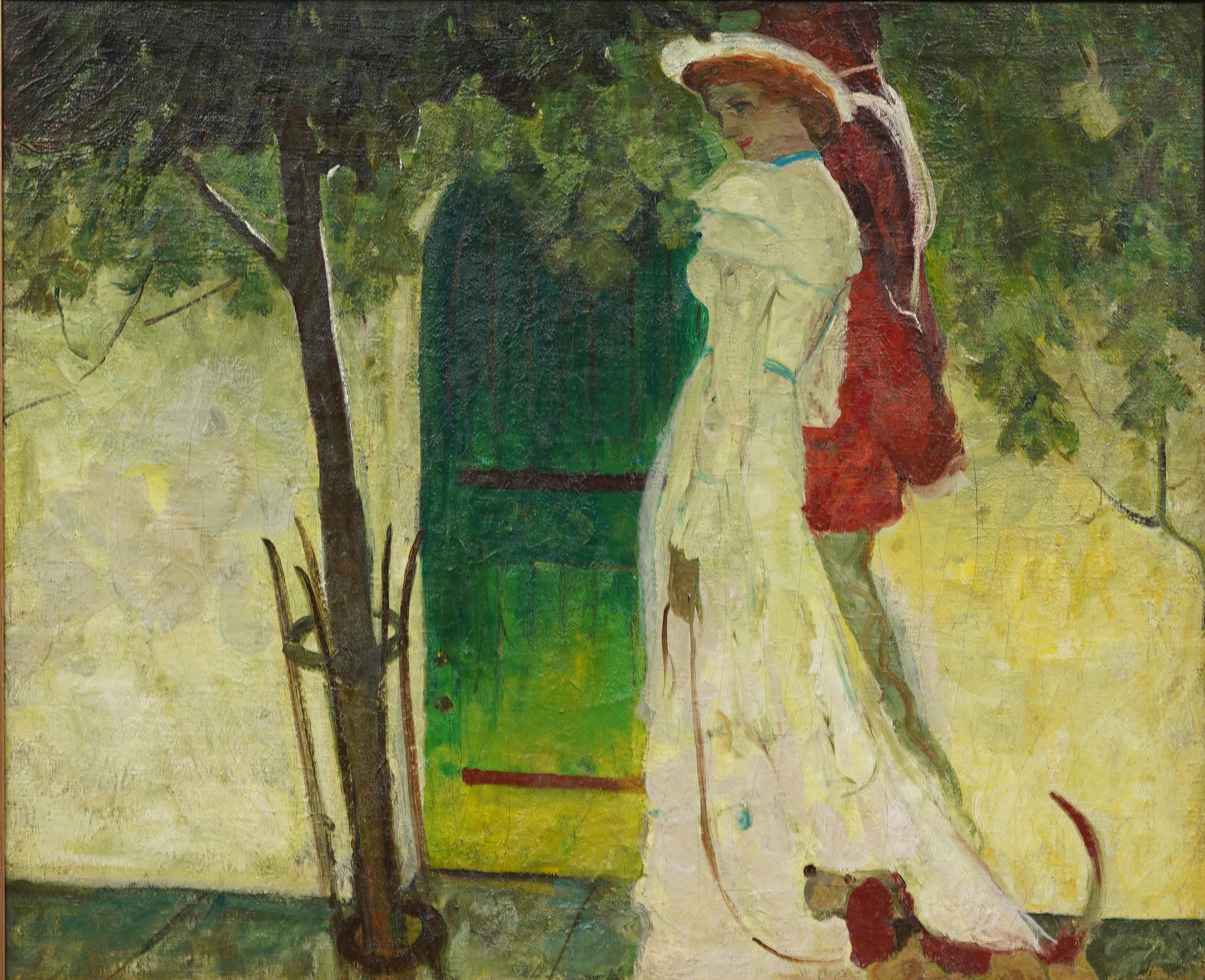Peinture de portrait de femme et chien élégante de la scène de rue de Paris, impressionniste française - Impressionnisme Painting par Unknown