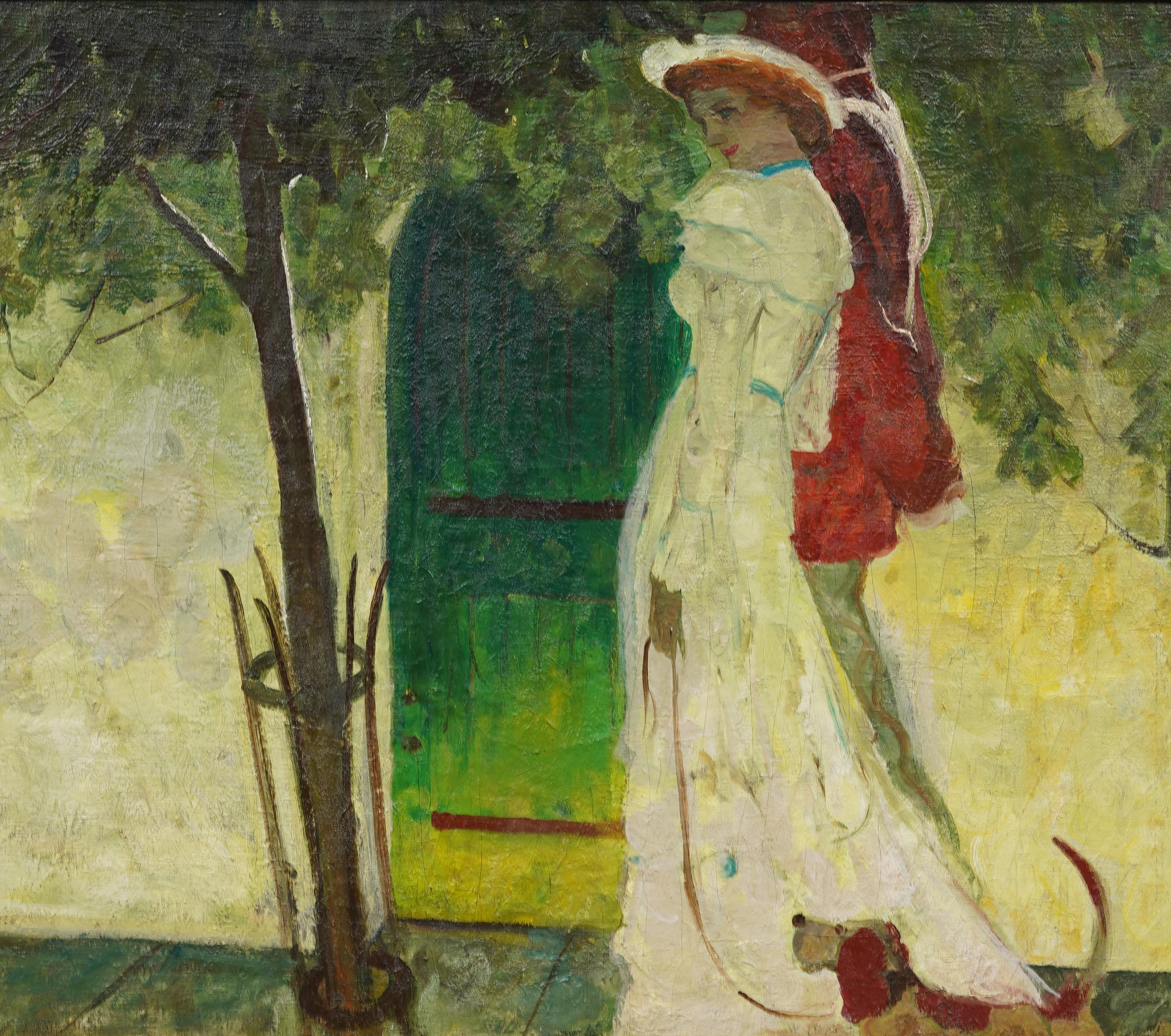 Peinture de portrait de femme et chien élégante de la scène de rue de Paris, impressionniste française - Marron Animal Painting par Unknown