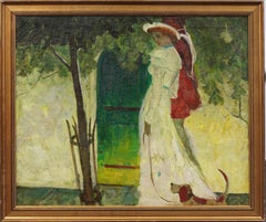 Peinture de portrait de femme et chien élégante de la scène de rue de Paris, impressionniste française