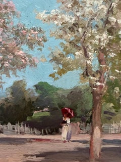 French Impressionist School, Late 1800's Spring Promenade with Blossom Trees