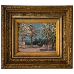 French Impressionist School, Late 1800's Spring Promenade with Blossom Trees
