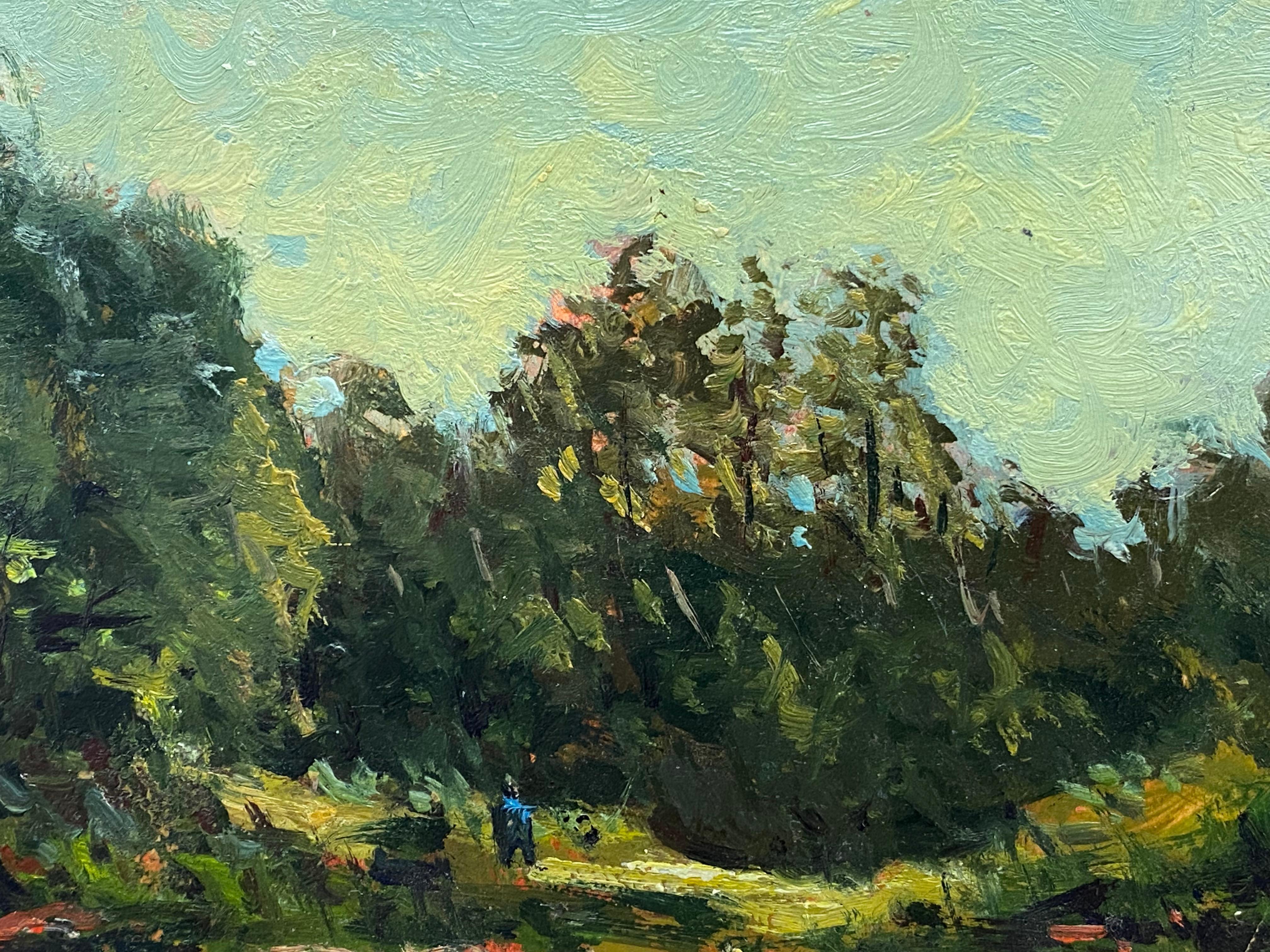 Huile signée de l'impressionniste français, ciel bleu vif sur paysage forestier - Noir Landscape Painting par Unknown