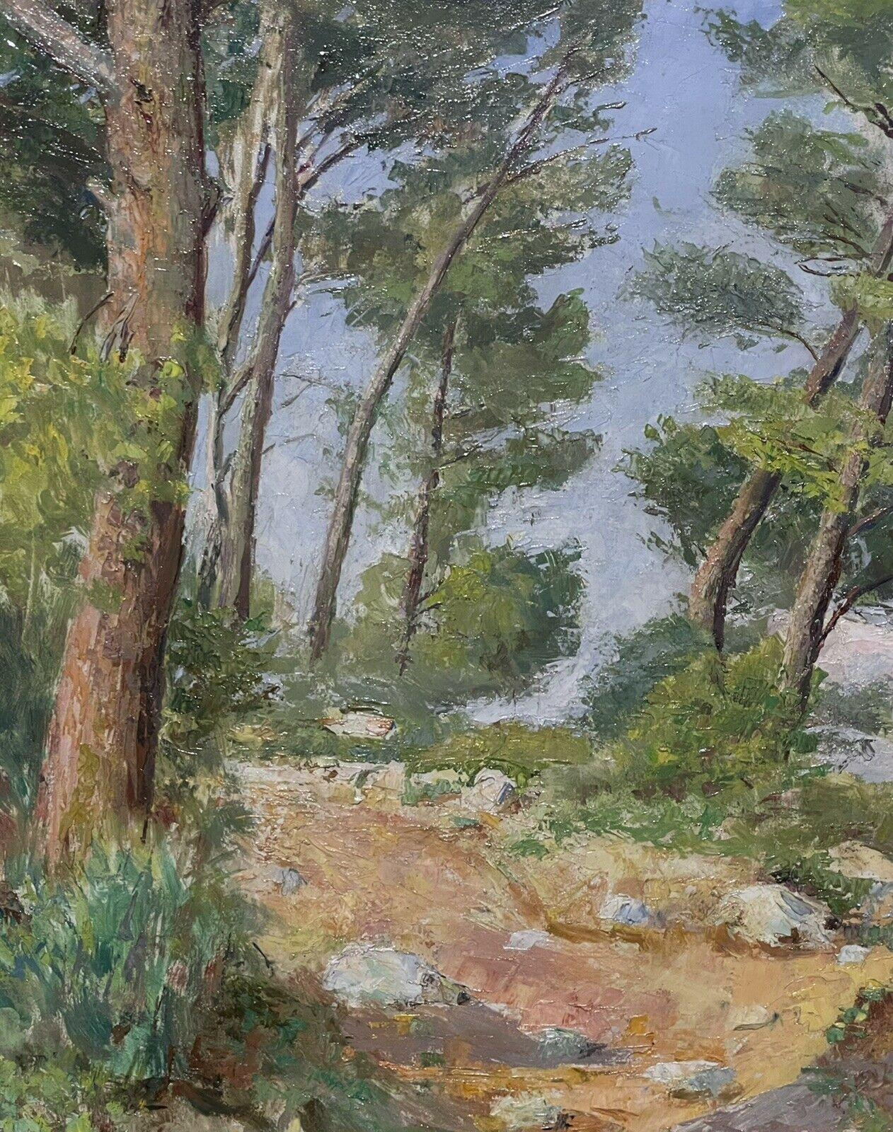 Peinture à l'huile impressionniste française signée, Chemin de mer de la Côte d'Azur avec arbres - Painting de Unknown