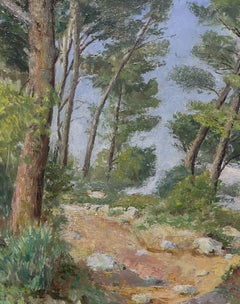 French Impressionist Signed Oil Painting Cote d'Azur Coastal Pathway with Trees