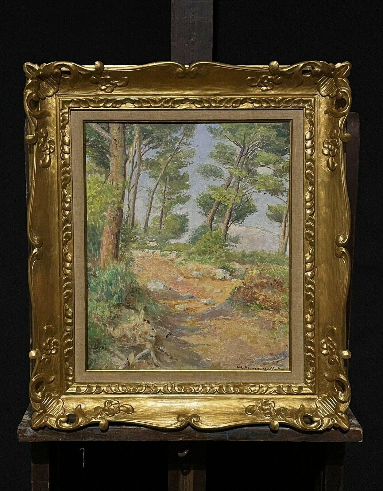 Peinture à l'huile impressionniste française signée, Chemin de mer de la Côte d'Azur avec arbres - Impressionnisme Painting par Unknown