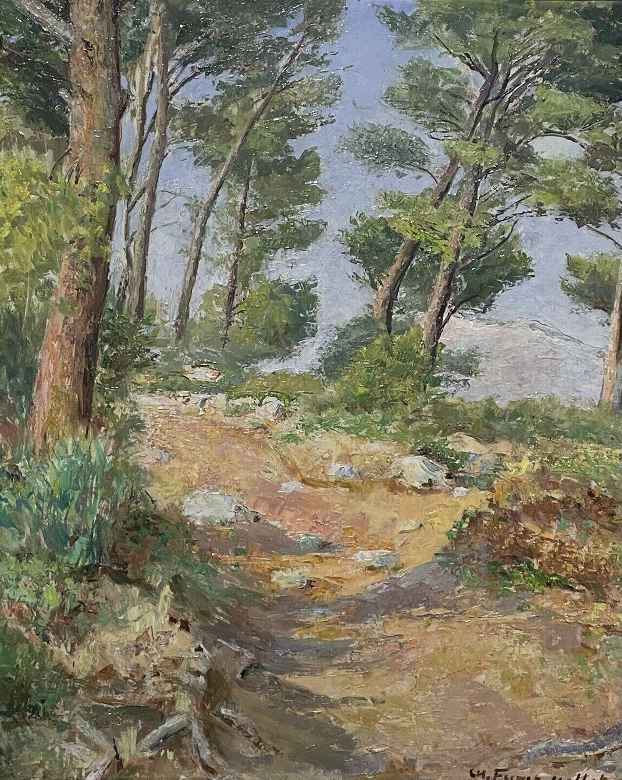 Peinture à l'huile impressionniste française signée, Chemin de mer de la Côte d'Azur avec arbres - Marron Still-Life Painting par Unknown