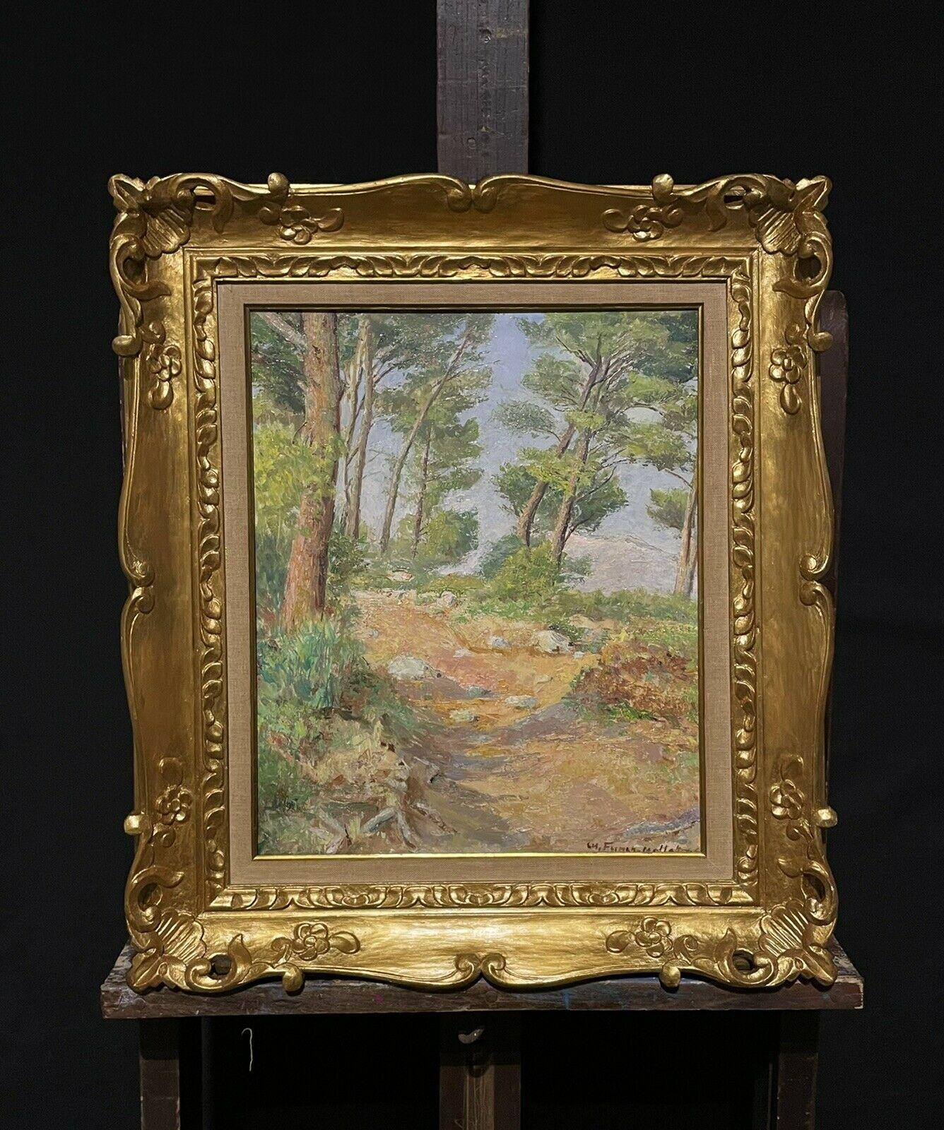Peinture à l'huile impressionniste française signée, Chemin de mer de la Côte d'Azur avec arbres en vente 2