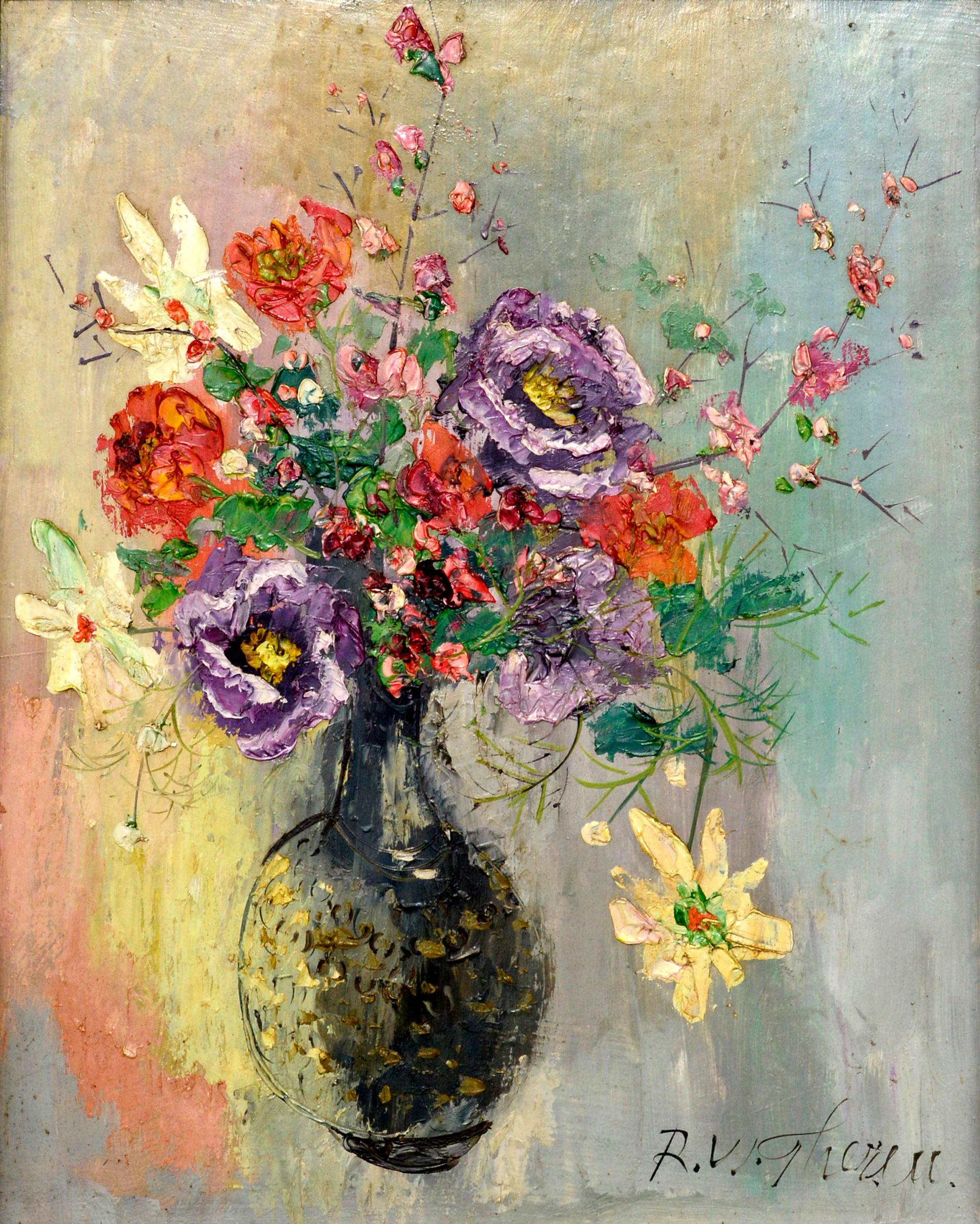 Mid Century Still Life of Flowers in Vase - Painting by Unknown