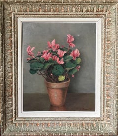 French Impressionist Still Life of Pink Flowers, Signed Oil Painting 