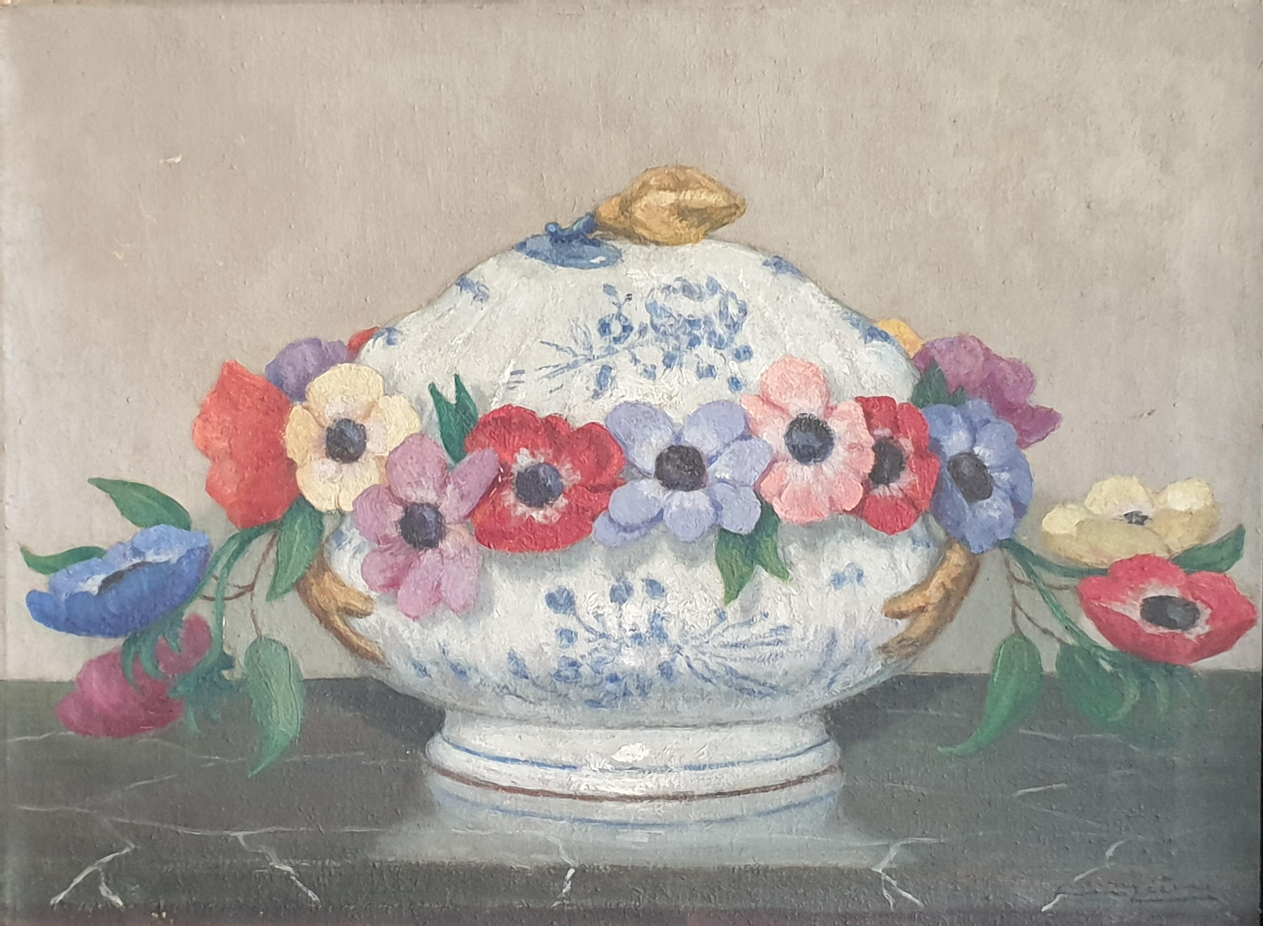 Early 20th century Impressionist still life of flowers in a Faïance tureen. Signed bottom right by the artist but as yet undeciphered. Presented in a period painted wooden frame.

A thoroughly charming painting in subtle pastel tones of flowers
