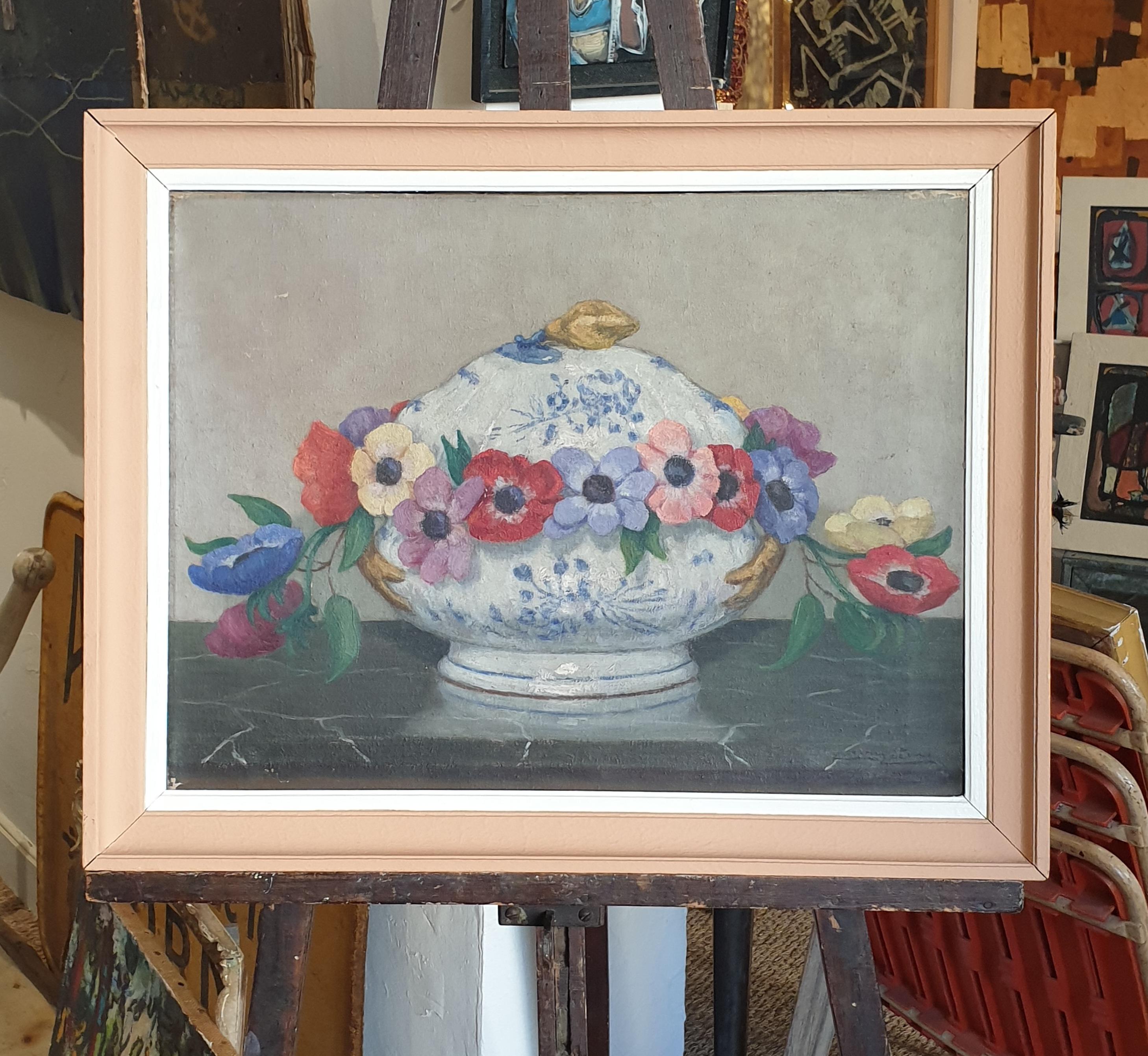  French Impressionist Still Life, Oil on Board, 'Flowers and Faïance'. For Sale 3