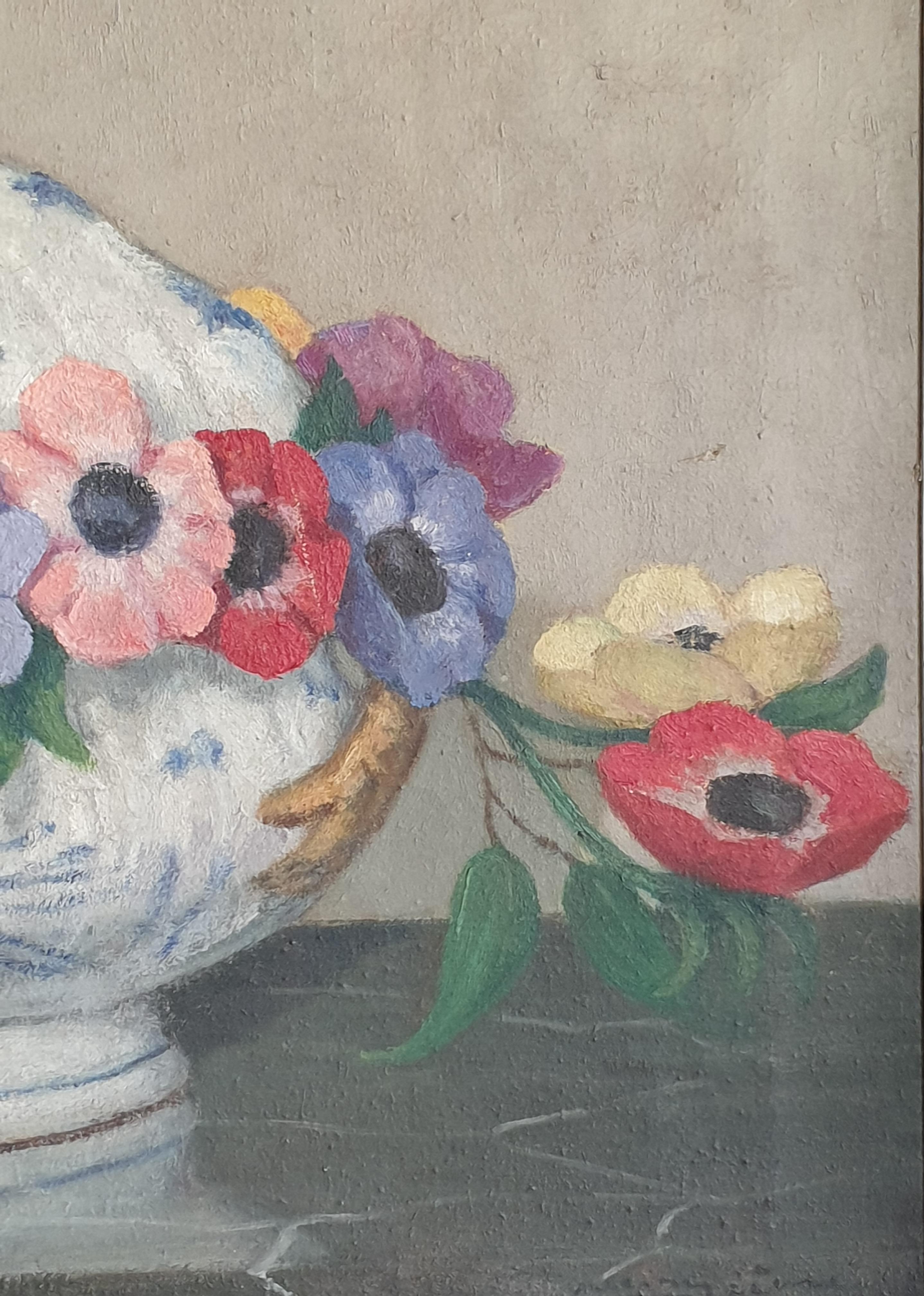  French Impressionist Still Life, Oil on Board, 'Flowers and Faïance'. For Sale 4