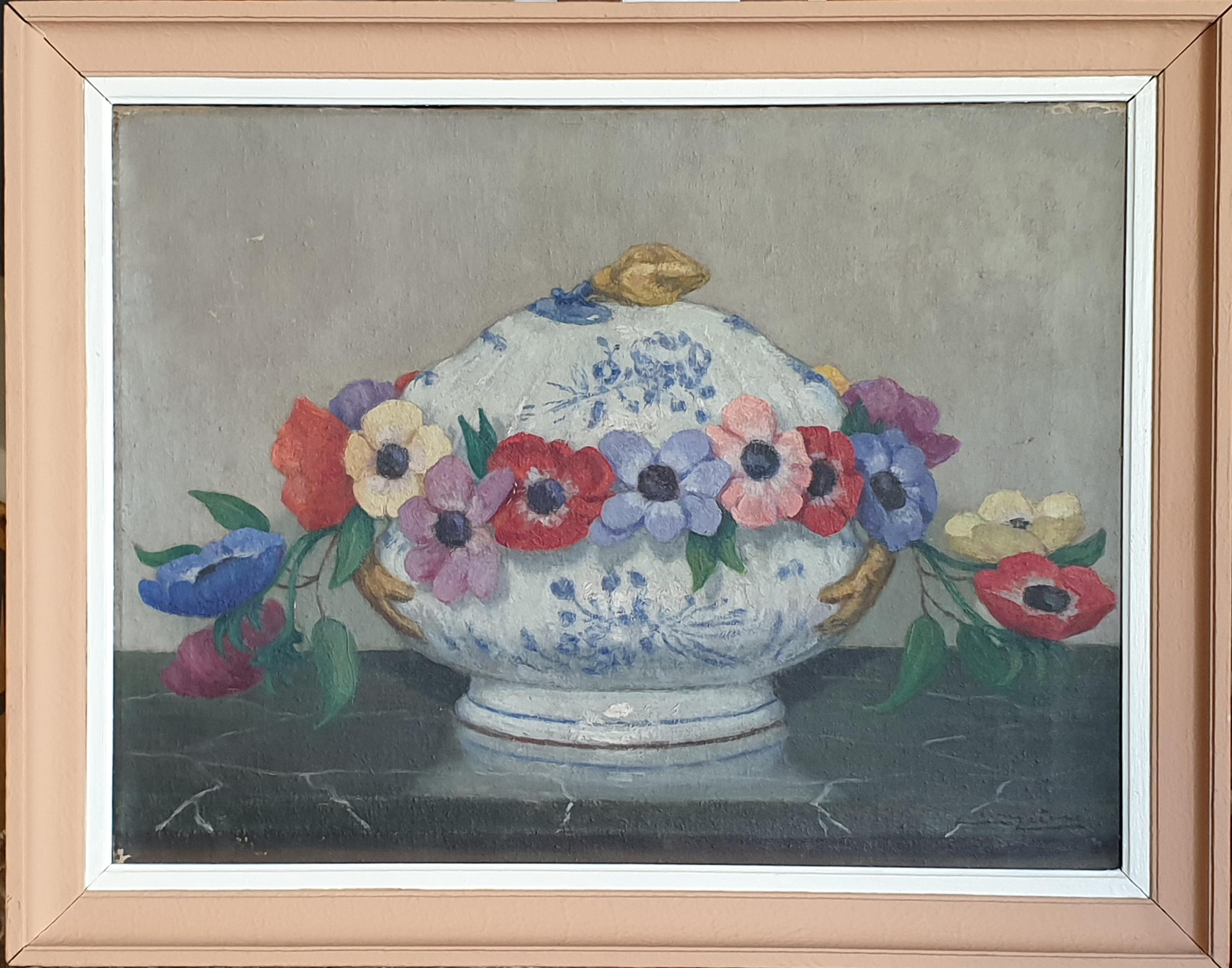 Unknown Interior Painting -  French Impressionist Still Life, Oil on Board, 'Flowers and Faïance'.