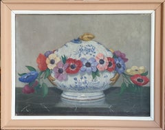  Nature morte impressionniste française, huile sur carton, "Fleurs et Faïance".