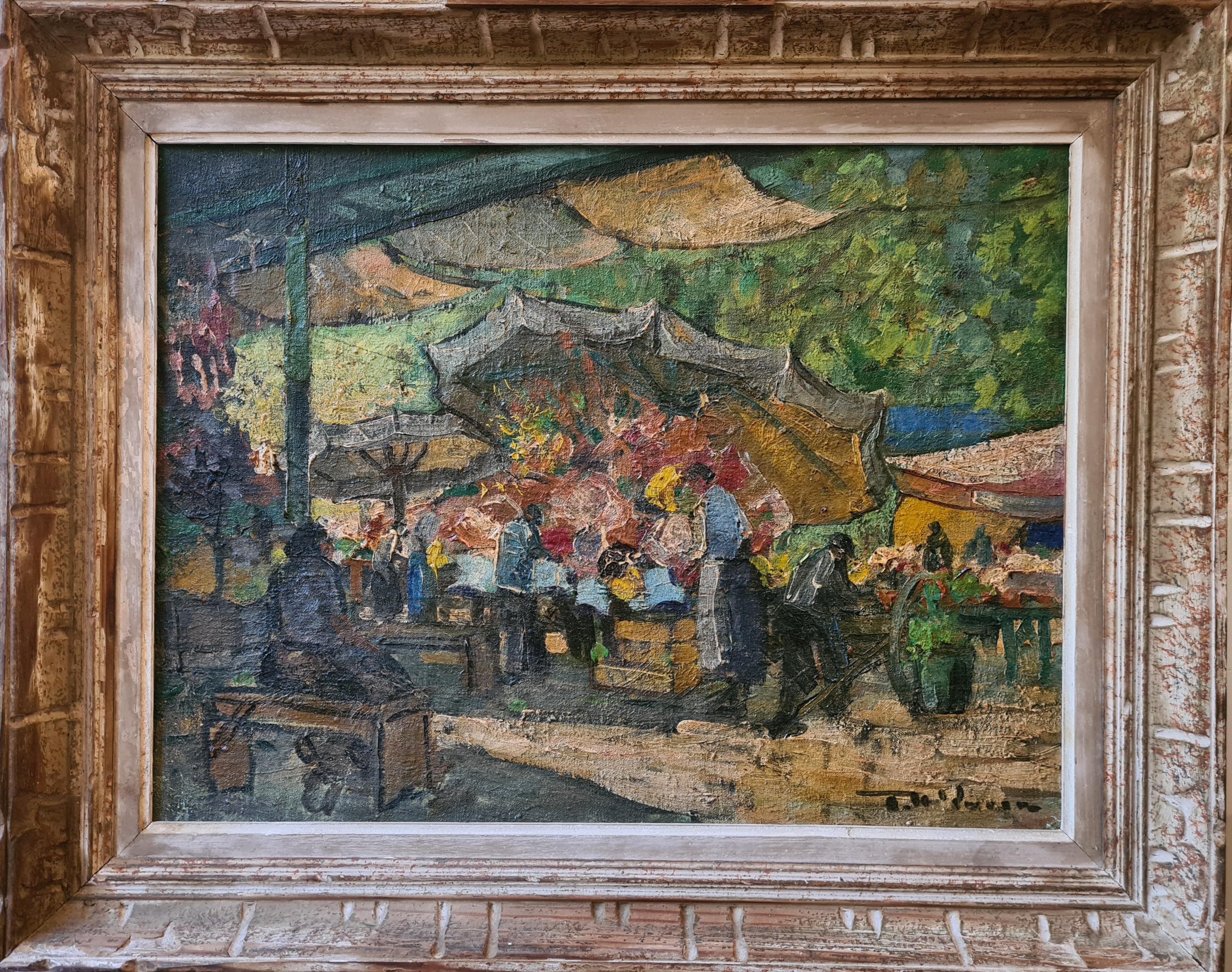 French Impressionist View of A Flower Market - Painting by Unknown