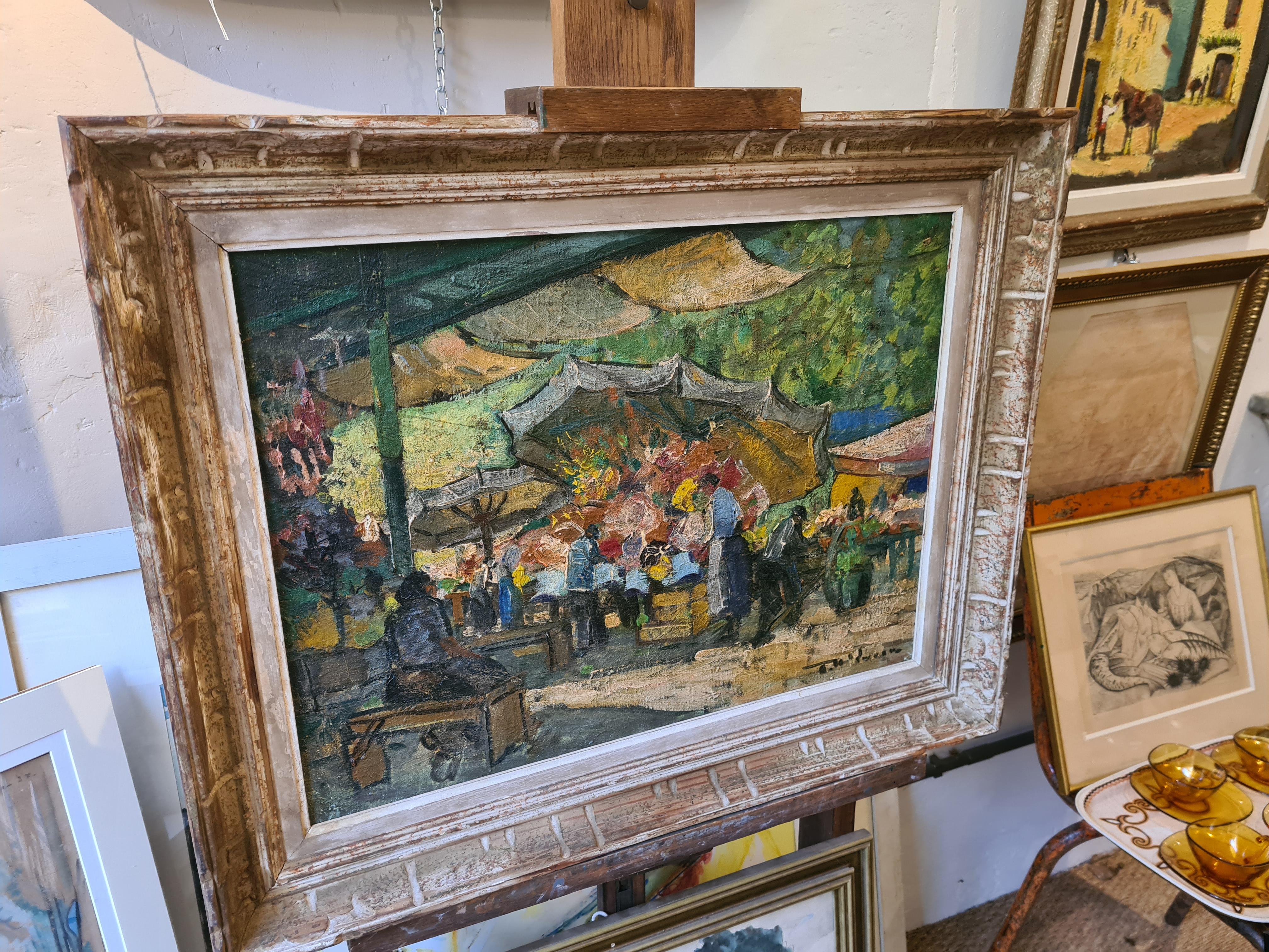 Early 20th Century Impressionist oil painting of a market, signed bottom right but as yet undeciphered. Presented in a period chip carved frame.

A very charming and atmospheric view of a lively market, probably in France, the stalls protected from