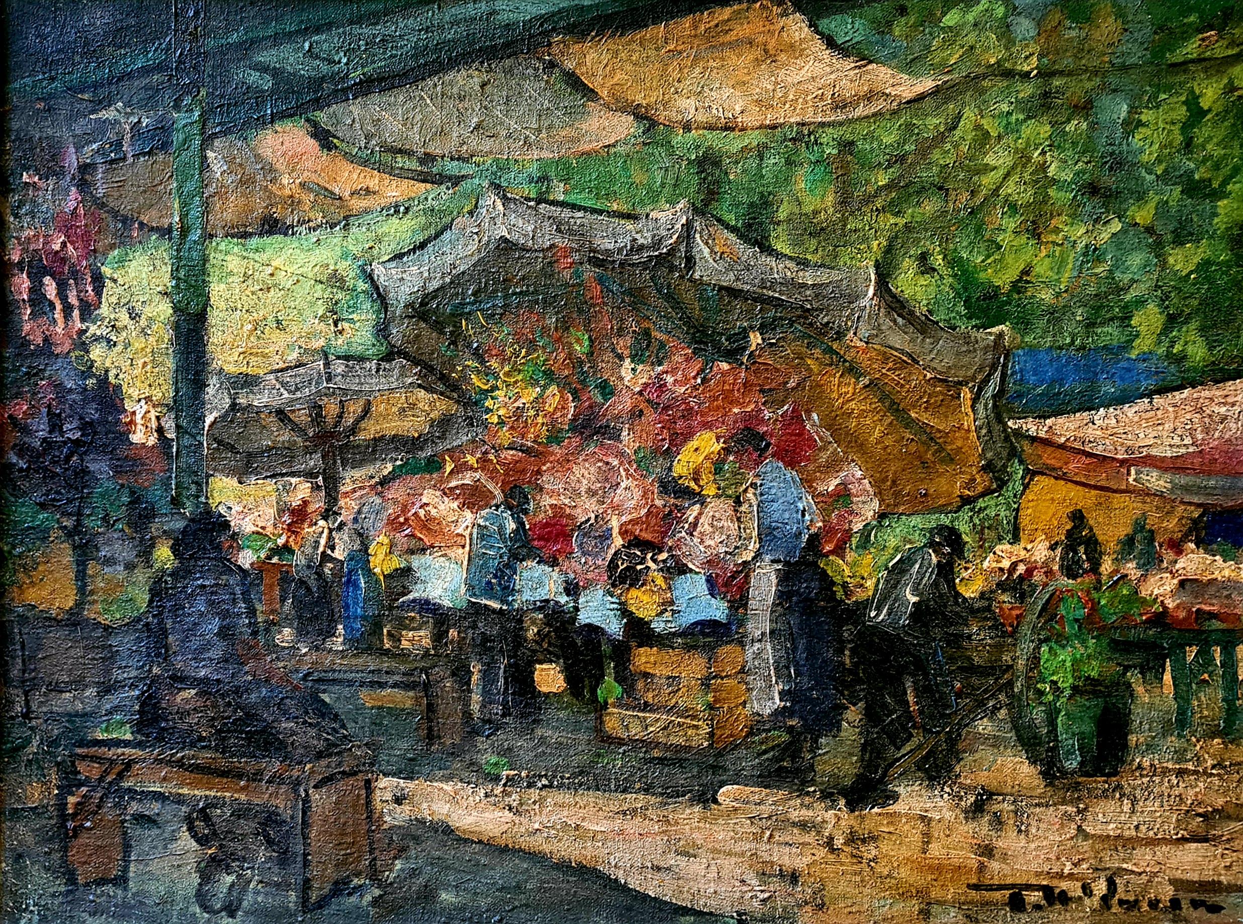 Unknown Figurative Painting - French Impressionist View of A Flower Market