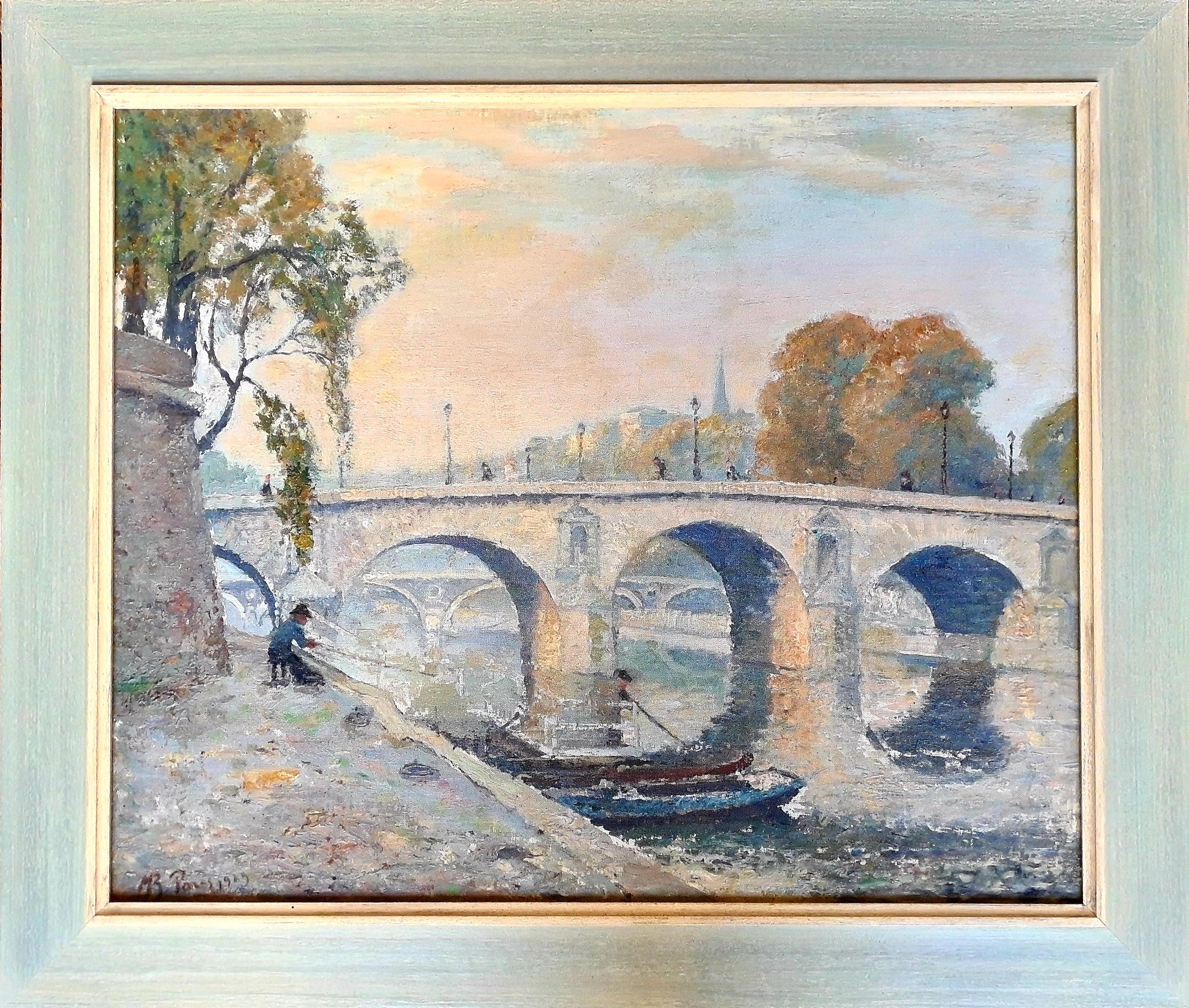 French Impressionist oil on board view of a fisherman at the riverbank of the Seine in Paris next to the Bridge St Marie, with the old spire of Notre Dame in the distance. The painting is initial signed, located and dated bottom left. Presented in a