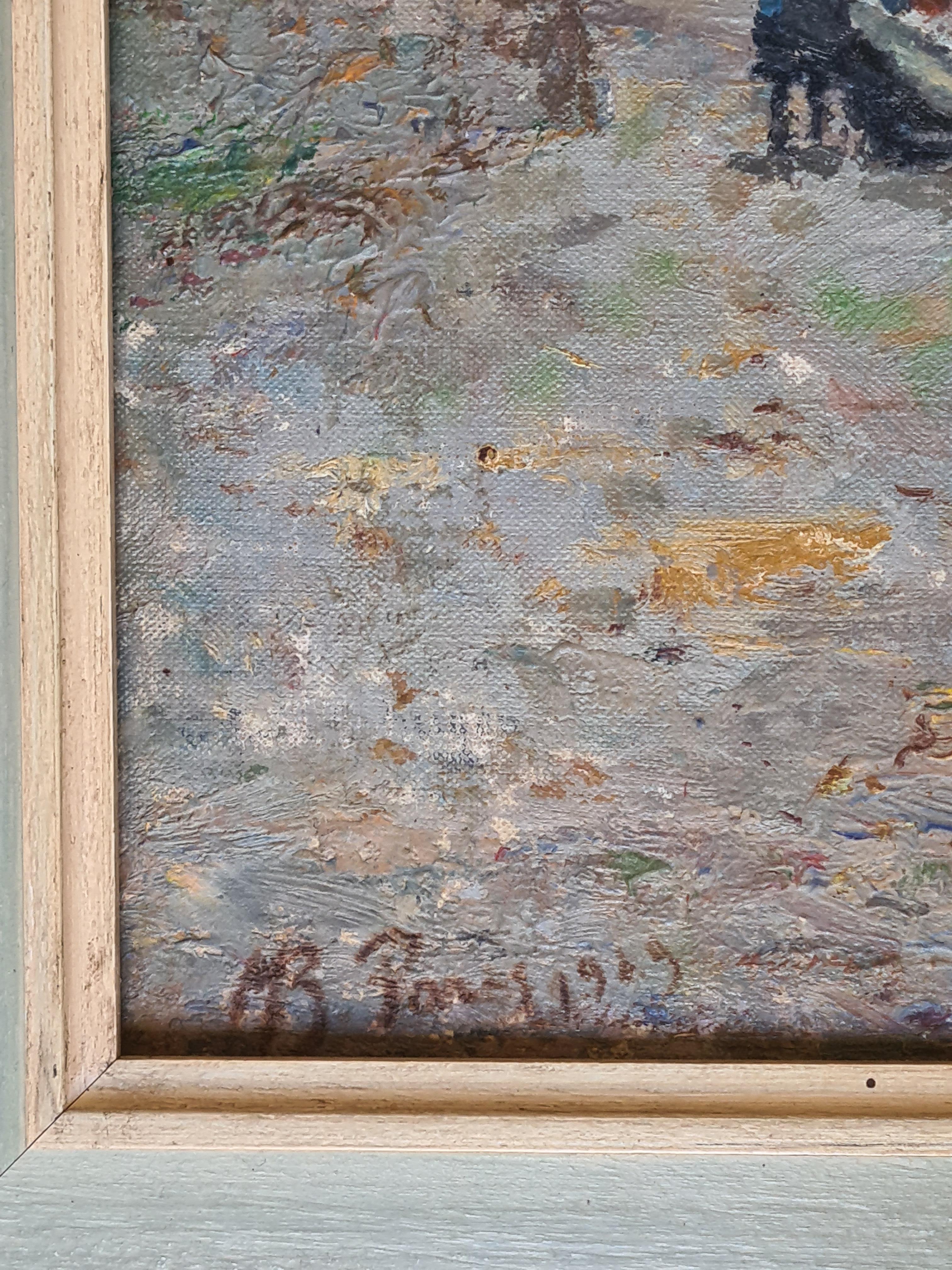 Französischer Impressionist, Öl auf Karton, Ansicht eines Fischers am Ufer der Seine in Paris neben der Brücke St. Marie, mit der alten Turmspitze von Notre Dame in der Ferne. Das Gemälde ist unten links signiert, lokalisiert und datiert.
