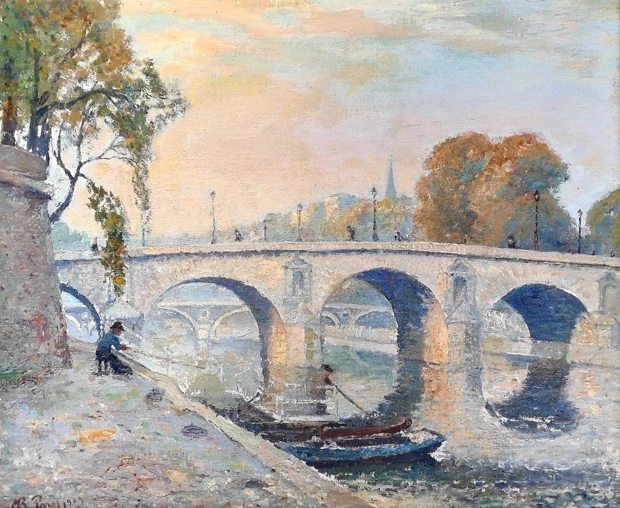Unknown Figurative Painting – Französischer Impressionist Ansicht von Paris, Le Pont Marie und Île Saint-Louis