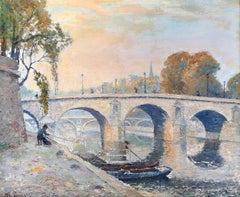 Vista impresionista francesa de París, Le Pont Marie e Île Saint-Louis. Aceite.