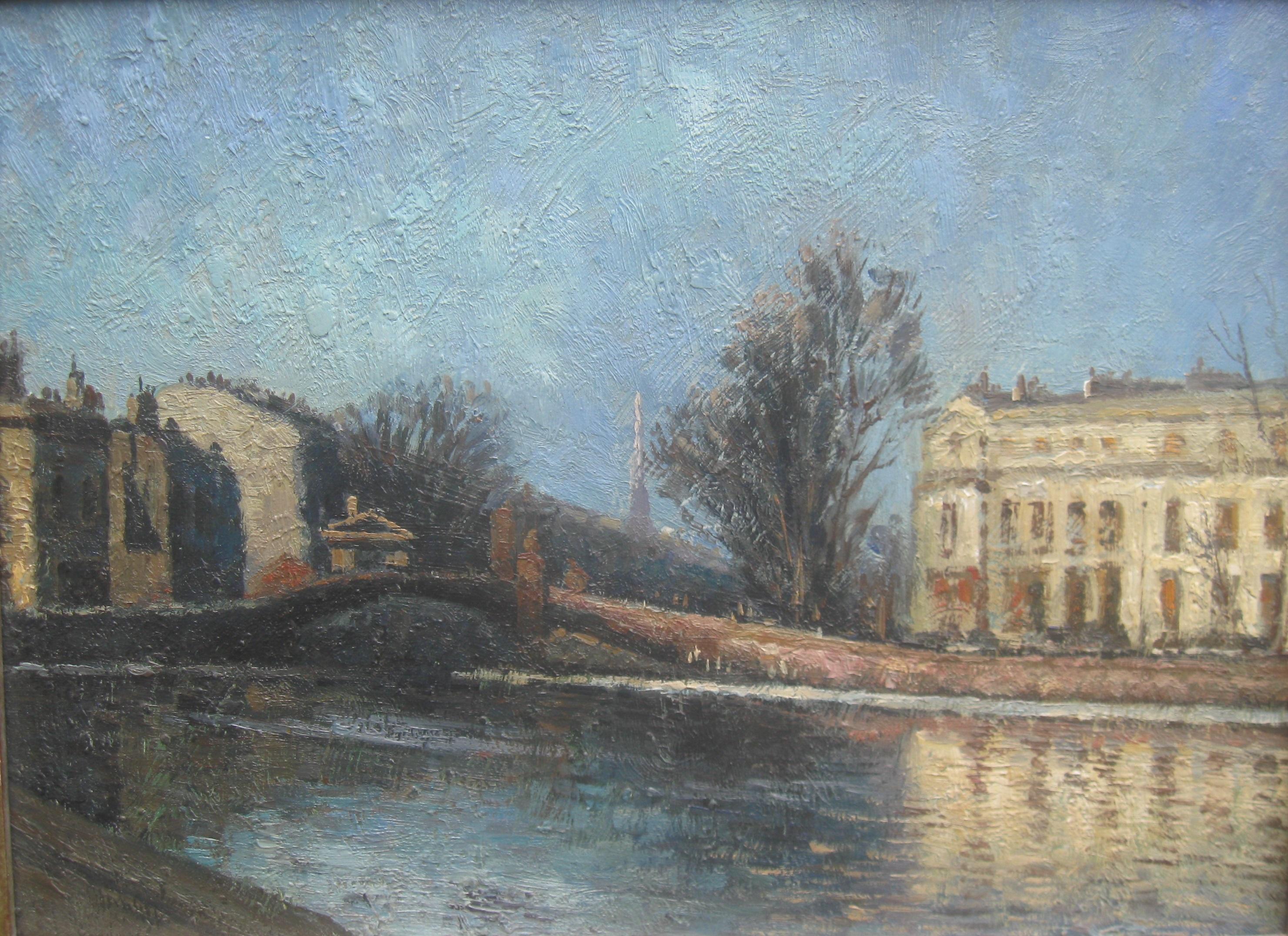 French Impressionist: ' View of The River Seine, Paris' oil, mid 20th Century. - Painting by Unknown