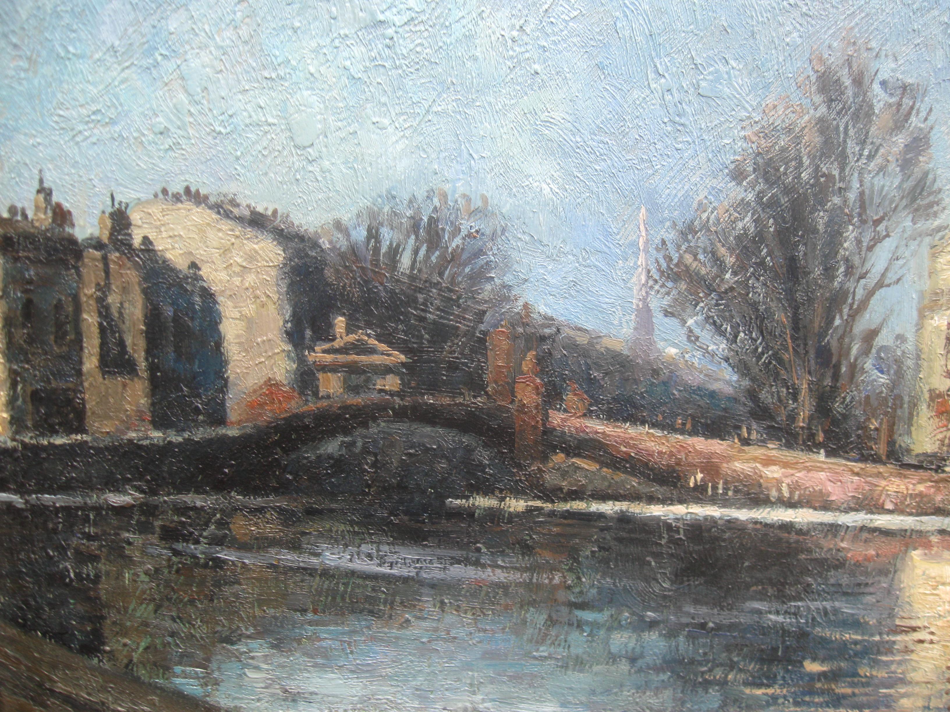 French Impressionist 'View of The River Seine, Paris'  oil on panel dating from the mid 20th Century.
Fine impastoed technique. Painted in sunlight capturing the reflections of the grand Parisian buildings lining  the river streets and bridges. Fine