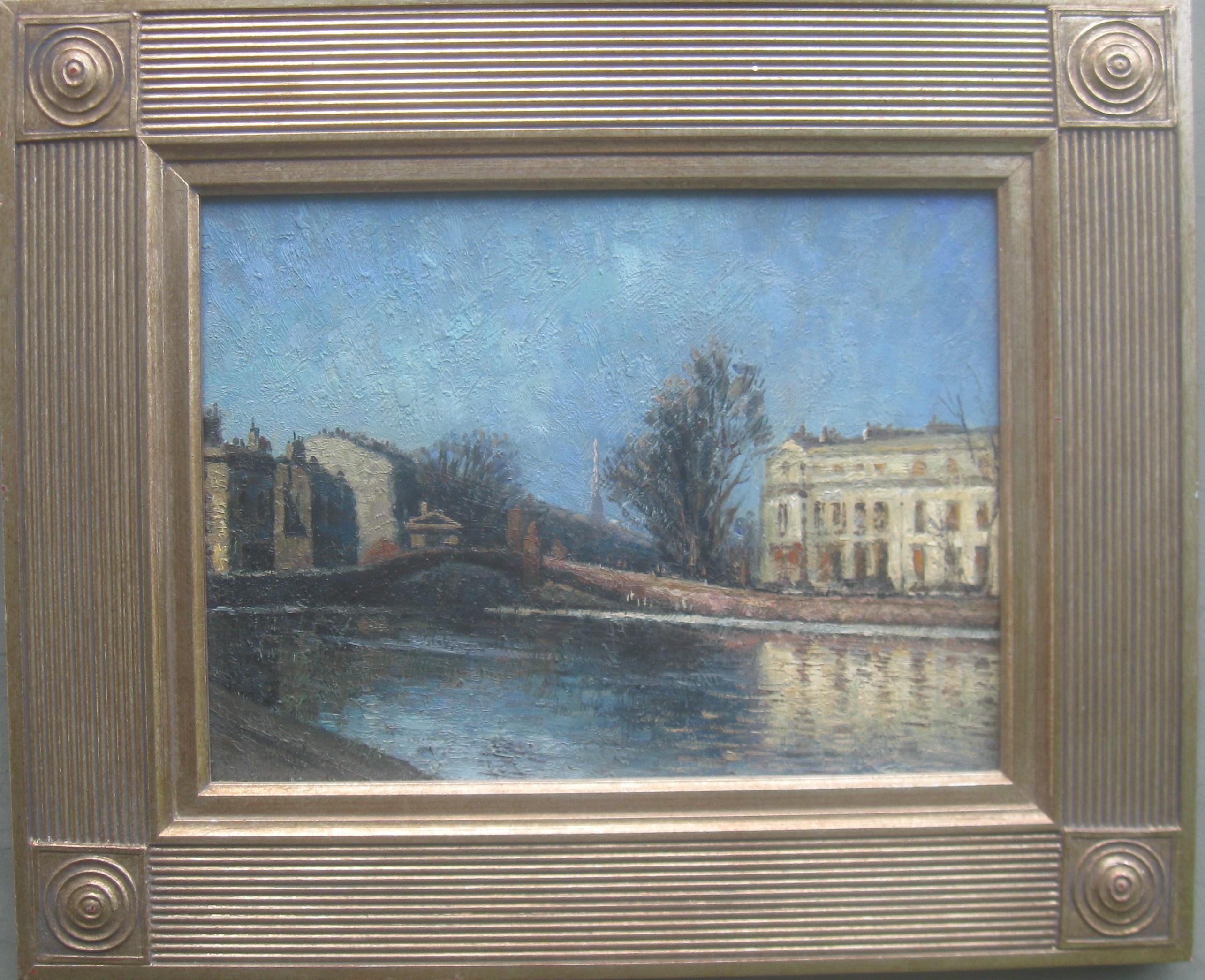 Impressionniste français : « Vue de la rivière Seine, Paris » huile, milieu du 20e siècle.