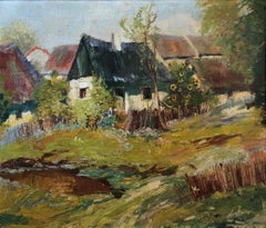 Vintage French Impressionist Village Scene, Backyard with Garden and Sunflowers