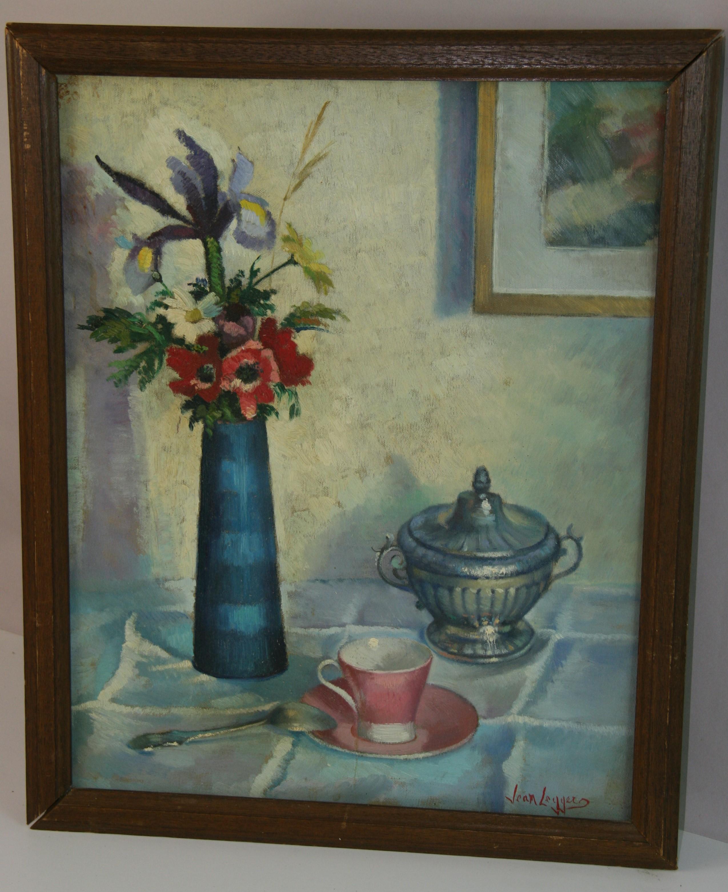 Table d'appoint française vintage peinte à l'huile par Jean Leggers - Painting de Unknown