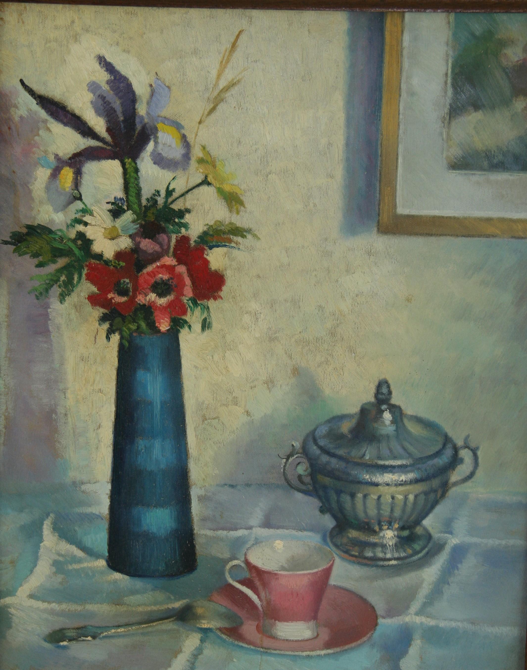 Table d'appoint française vintage peinte à l'huile par Jean Leggers - Gris Interior Painting par Unknown
