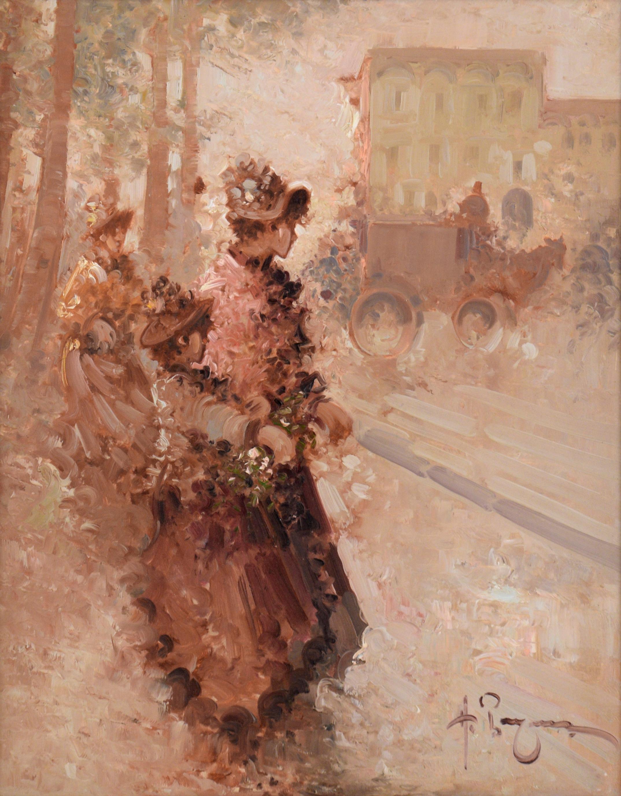 French Ladies on the Boulevard - Figurative Landscape  For Sale 5