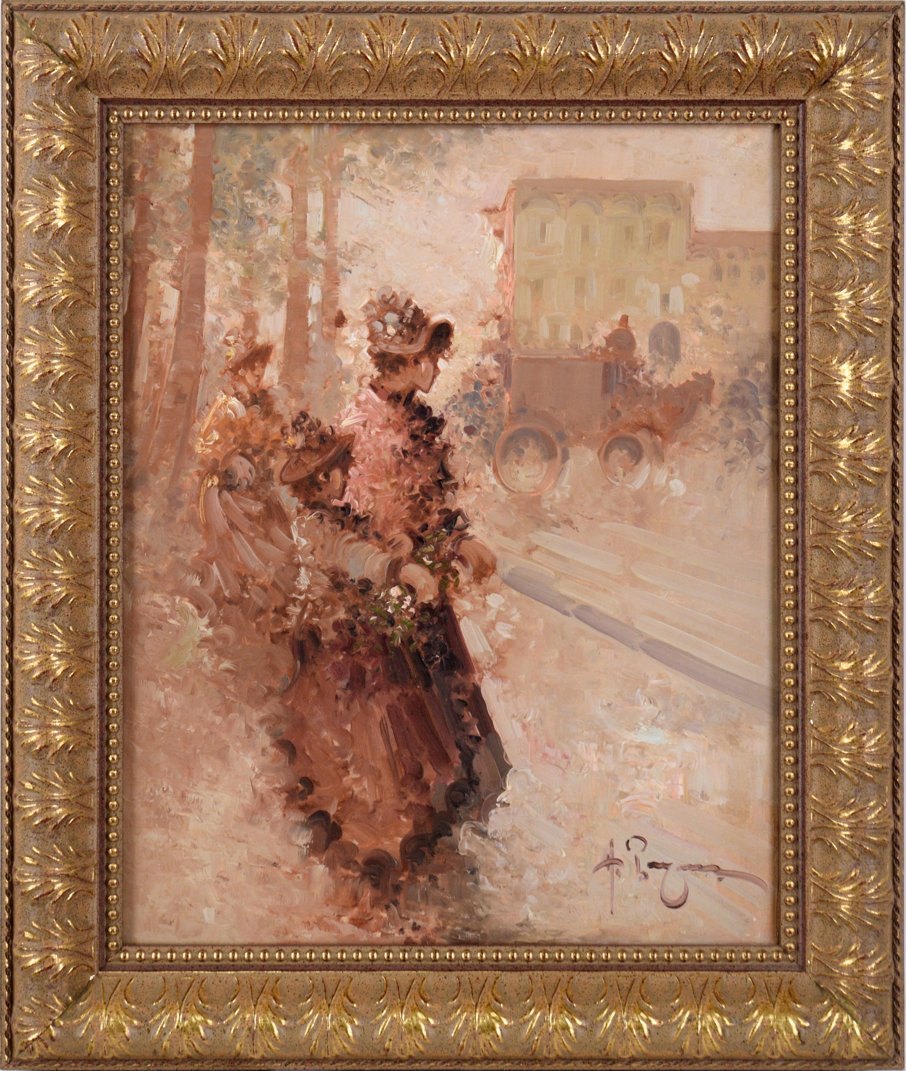 Unknown Figurative Painting - French Ladies on the Boulevard - Figurative Landscape 