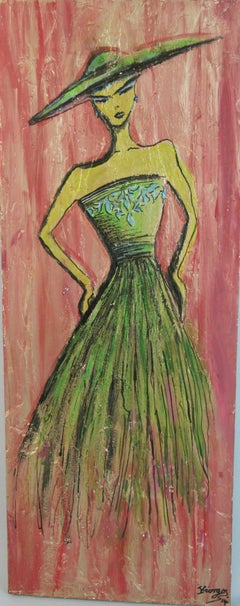 Vintage French Lady In a Green Dress on Wood Panel