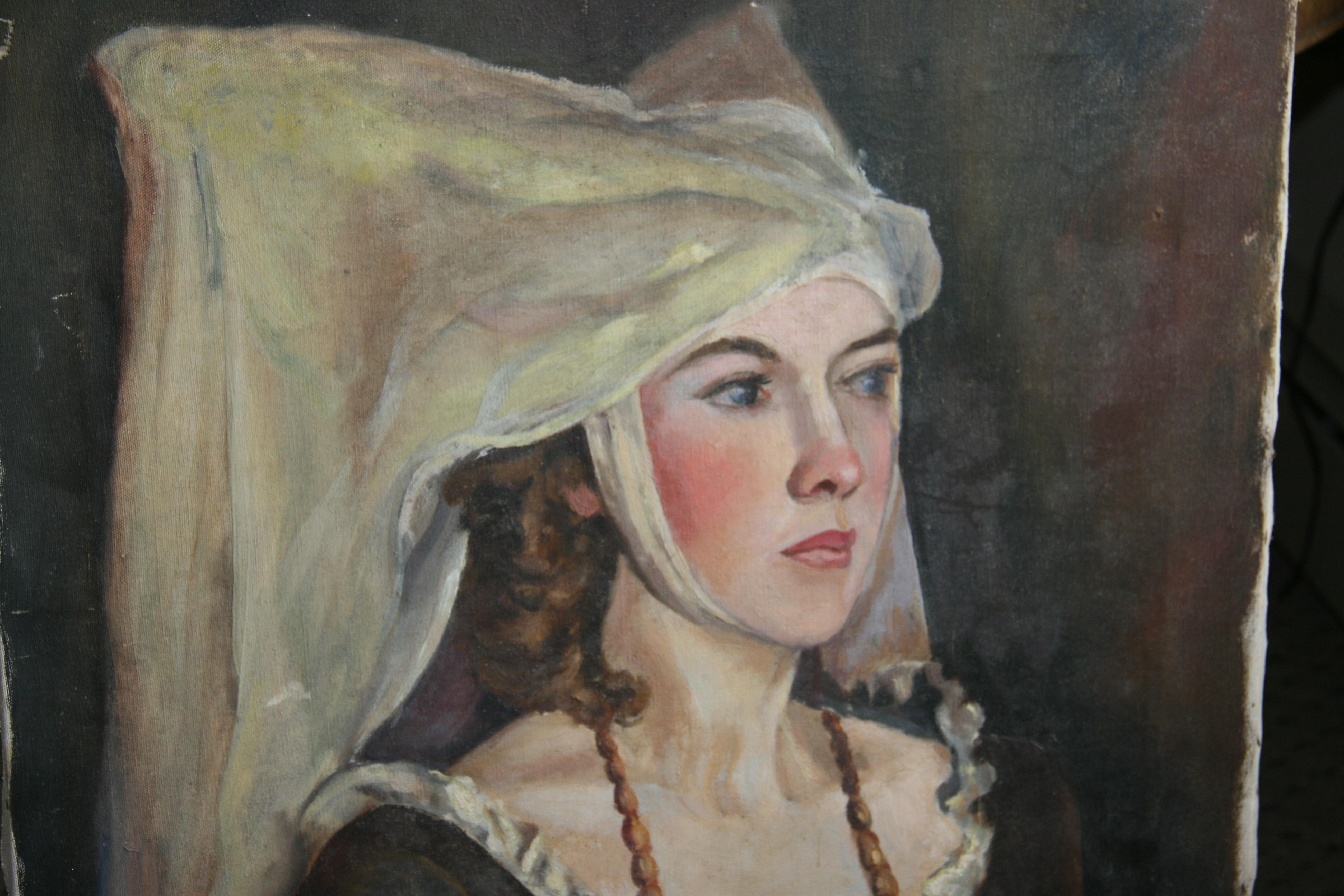 French Lady in Waiting Female Portrait  - Gray Portrait Painting by Unknown