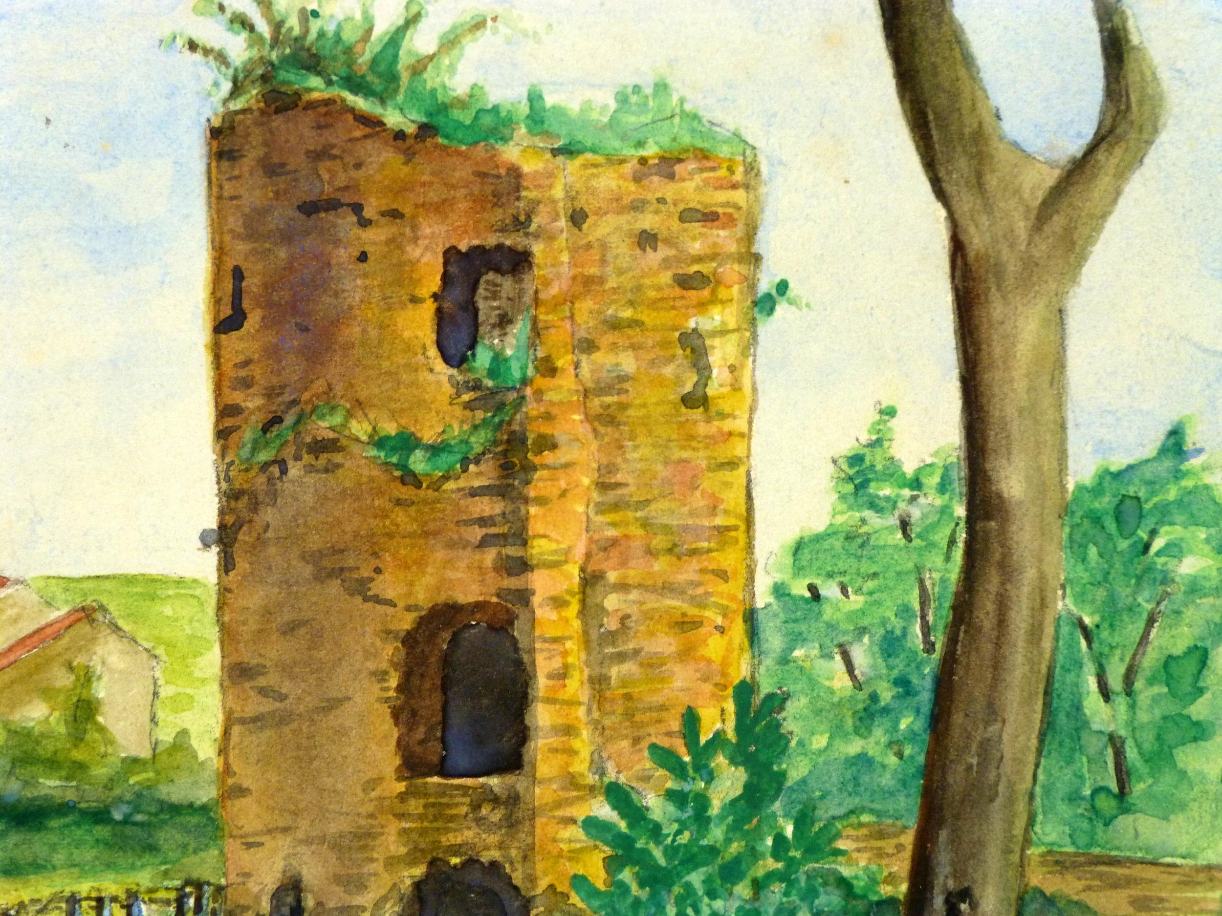 French Landscape - Overgrown Tower in Lush Green field under Cloudy Blue Sky - Painting by Unknown