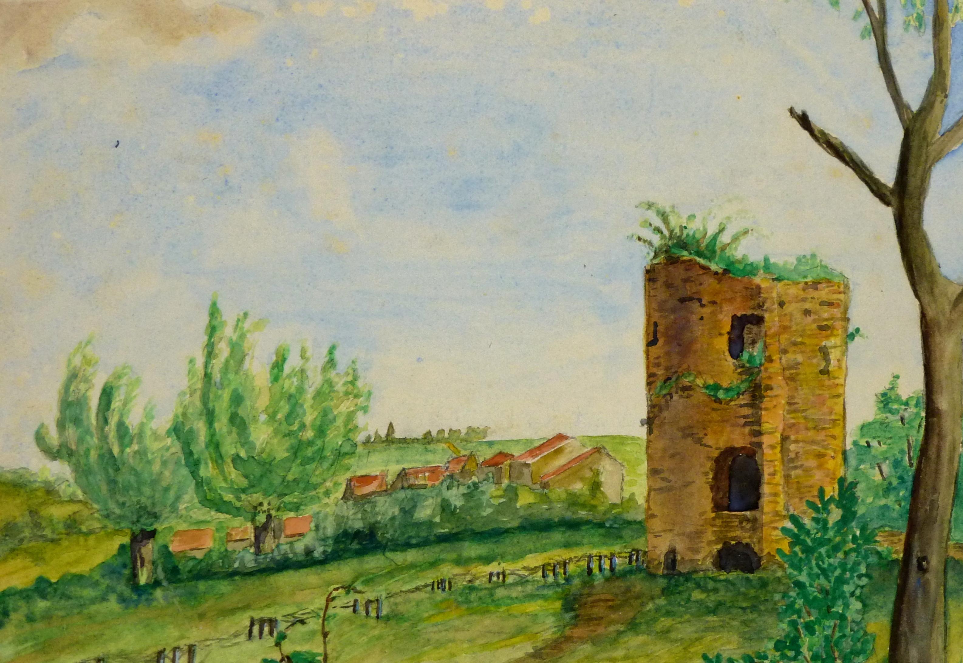 Französische Landschaft – Übergroßer Turm auf üppigem grünem Feld unter wolkenblauem Himmel, Frankreich (Braun), Landscape Painting, von Unknown