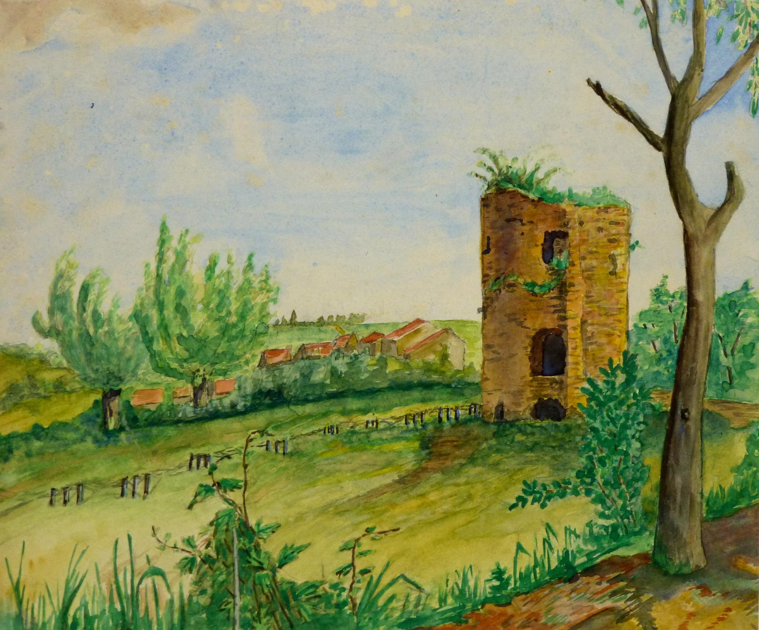 Unknown Landscape Painting - French Landscape - Overgrown Tower in Lush Green field under Cloudy Blue Sky