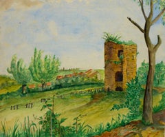 French Landscape - Overgrown Tower in Lush Green field under Cloudy Blue Sky