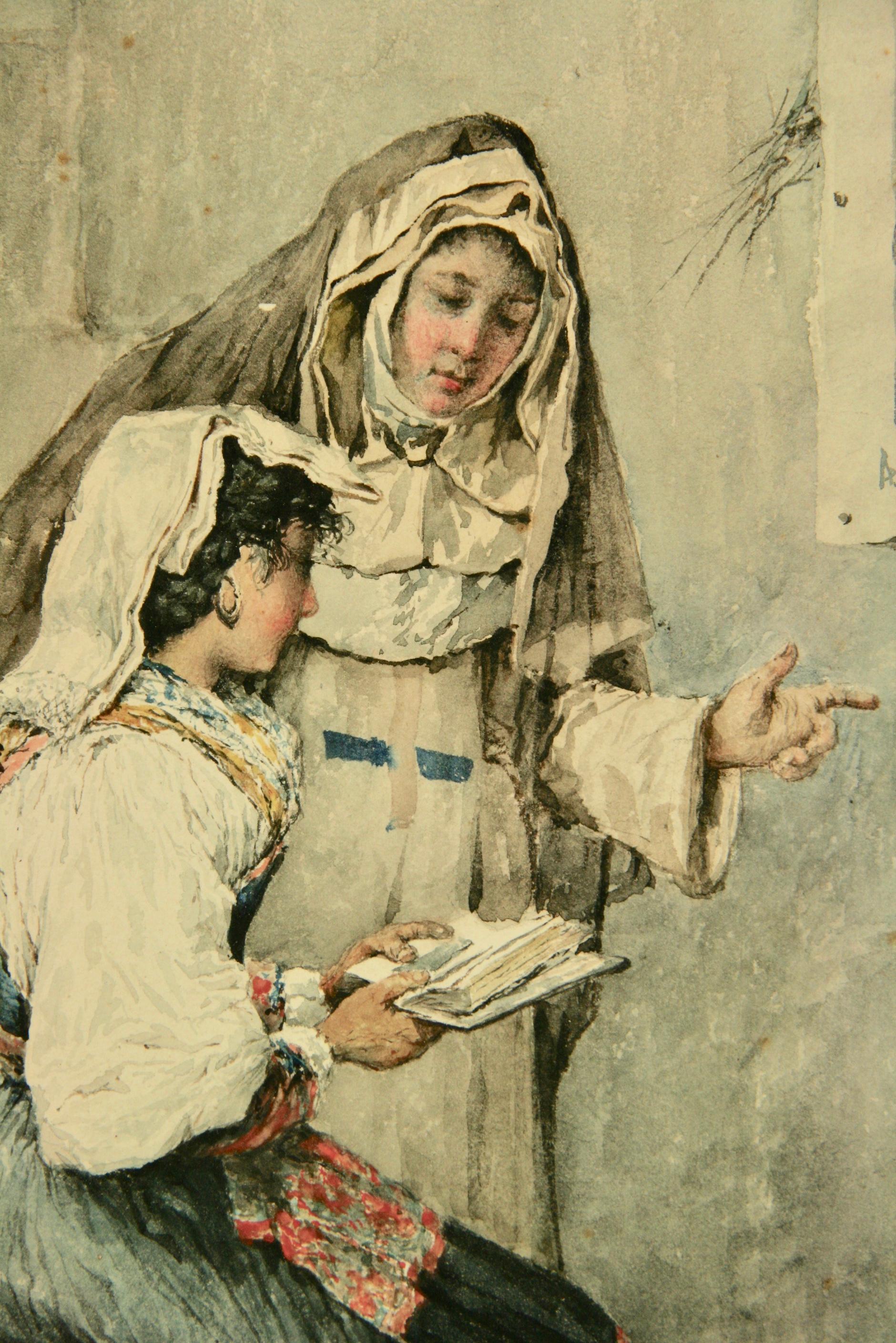   French Lessons Female Painting circa 1920's - Brown Figurative Painting by Unknown