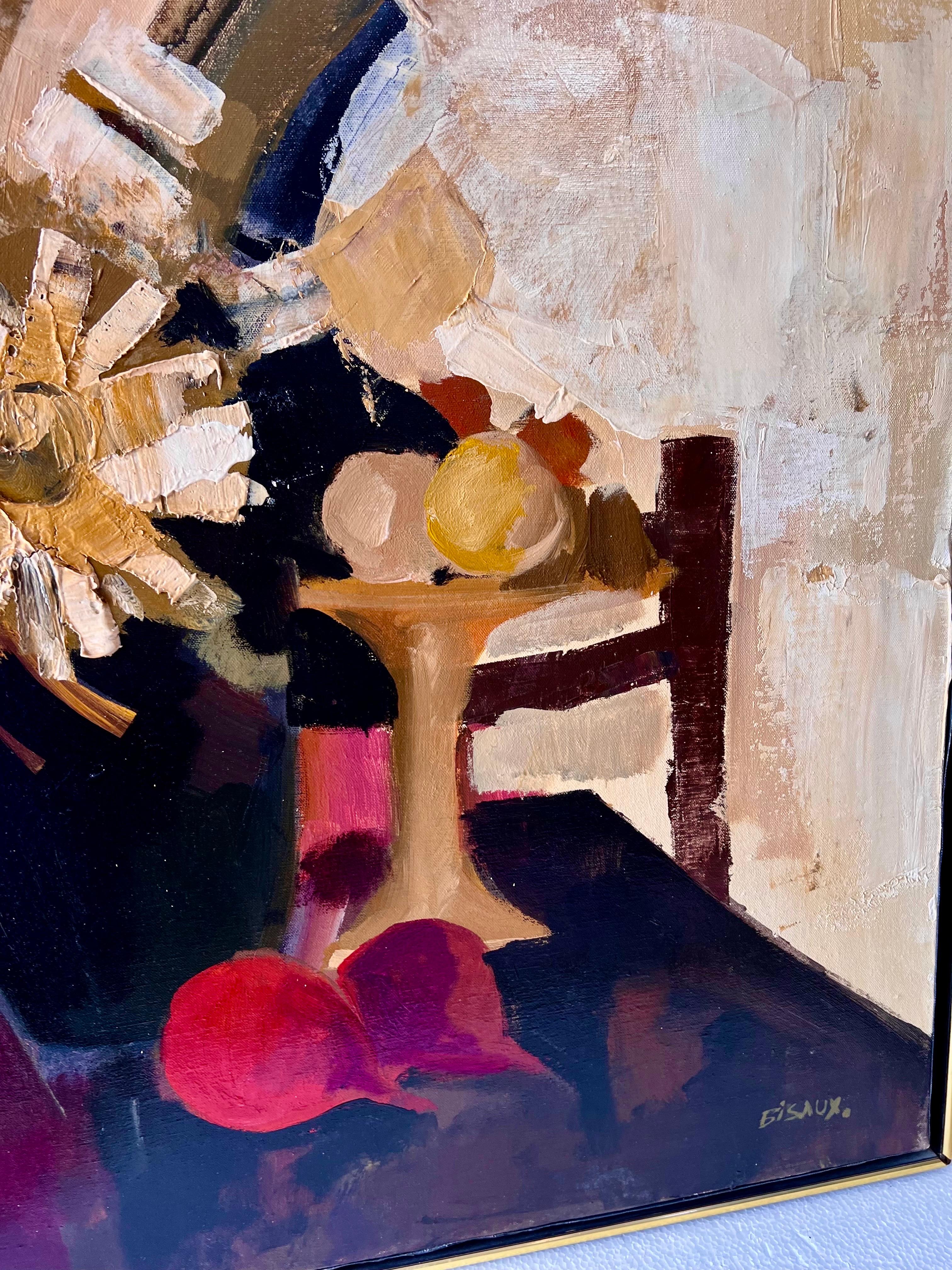 Atribuido a Pierre Bisiaux (francés, n. 1924) 
Bodegón de mesa con flores y una silla
Óleo sobre lienzo,  Firmado a mano abajo a la derecha. 
Arte: 30