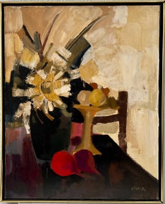 Pintura al Óleo Modernista Francesa de Mediados de Siglo Naturaleza Muerta Fruta y Flores Mod Impasto