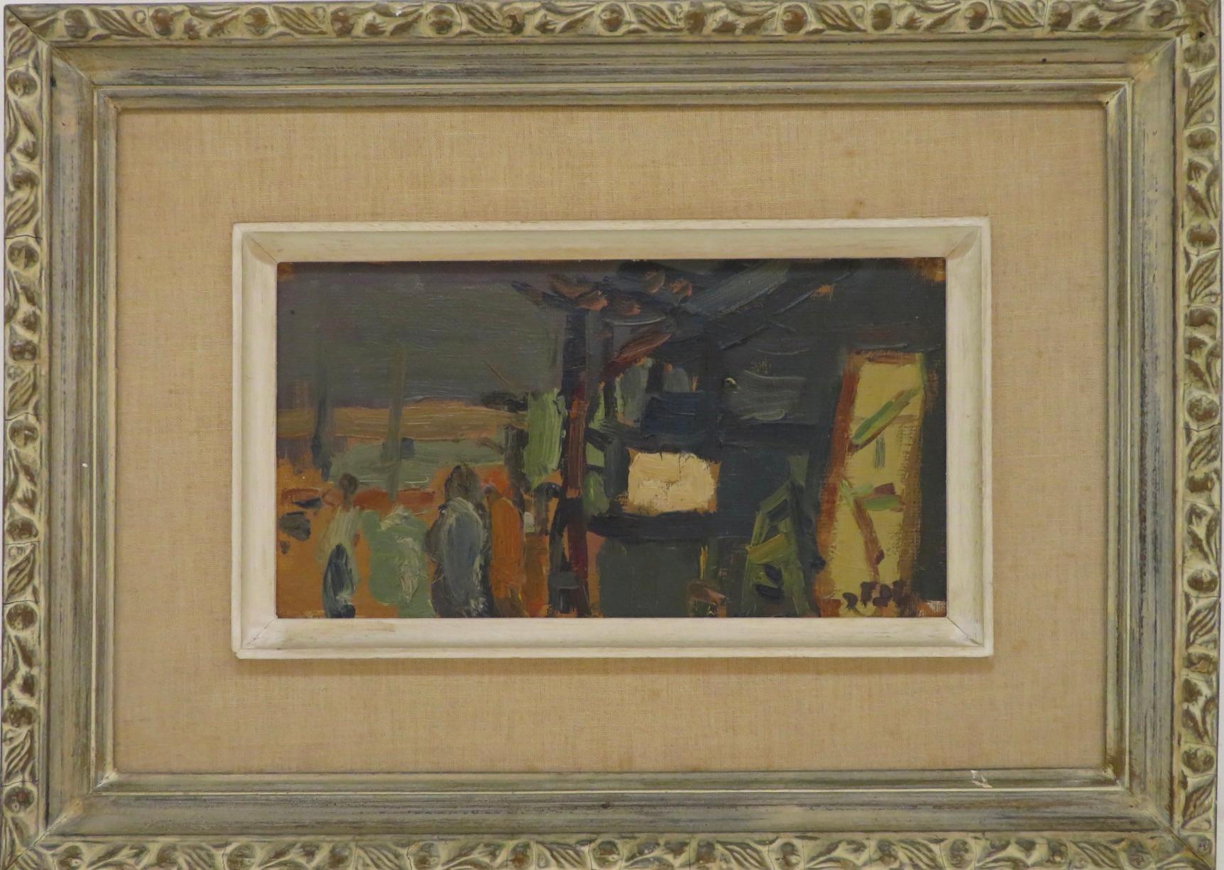 FRENCH MID CENTURY POST IMPRESSIONIST oil painting FIGURES BUIDLING COMPOSITION 
