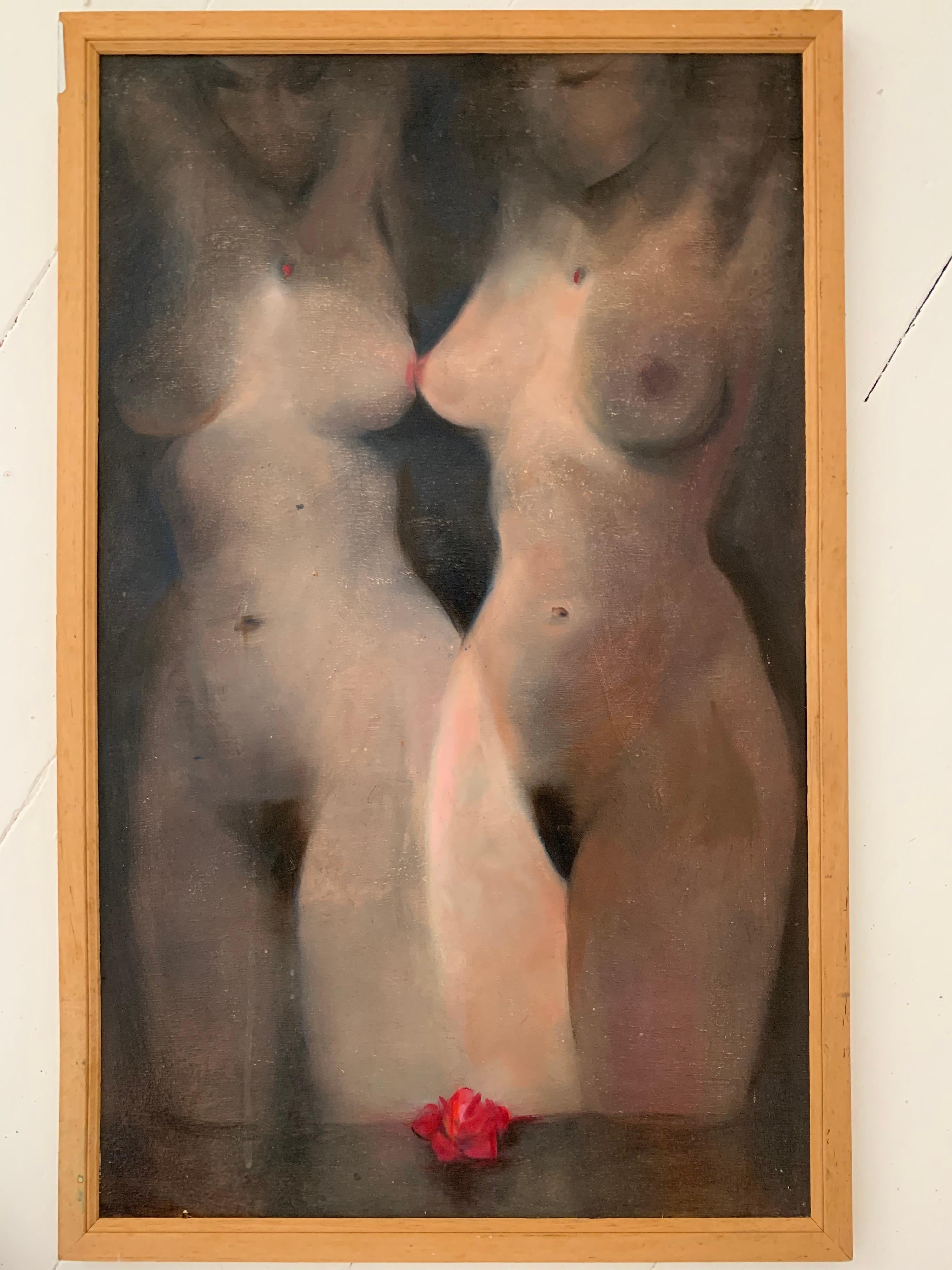 Französisches modernistisches Ölgemälde der 1970er Jahre, Zwei nackte weibliche Frauen, schönes Originalwerk – Painting von Unknown