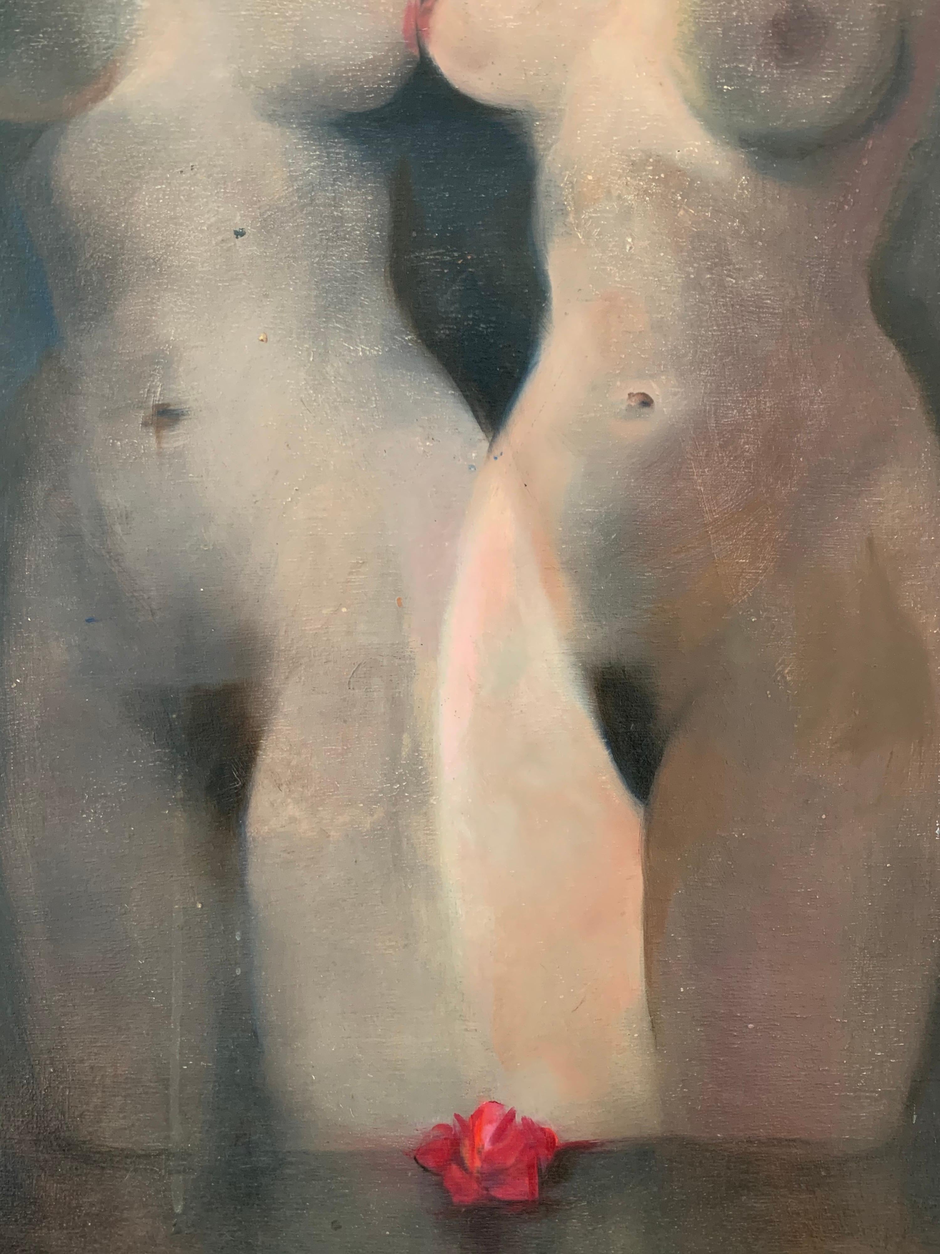 Französisches modernistisches Ölgemälde der 1970er Jahre, Zwei nackte weibliche Frauen, schönes Originalwerk (Grau), Nude Painting, von Unknown