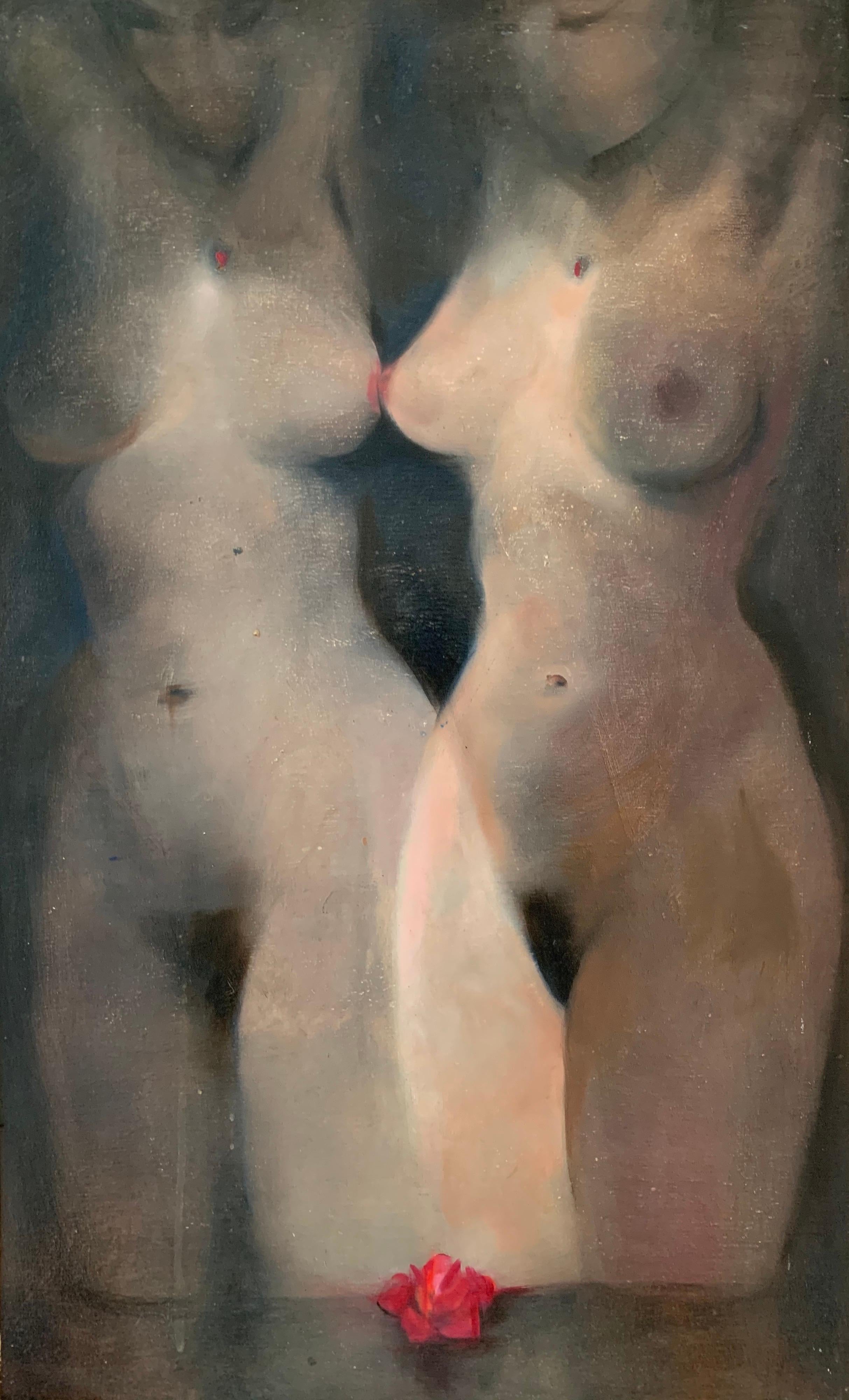 Unknown Nude Painting – Französisches modernistisches Ölgemälde der 1970er Jahre, Zwei nackte weibliche Frauen, schönes Originalwerk
