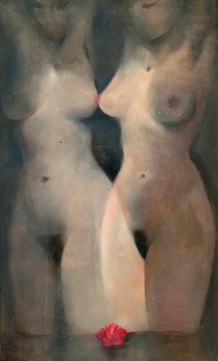 French Modernist 1970's Oil Painting Two Nude Females Beautiful Original Work